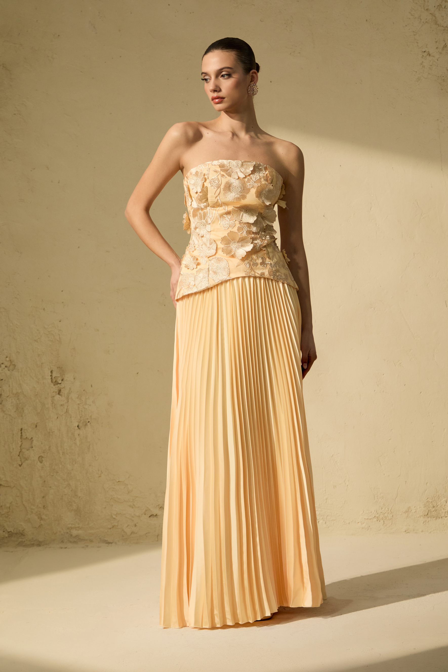 Glistening Grandeur Yellow Floral Applique Corset Top & Pleated Skirt Set