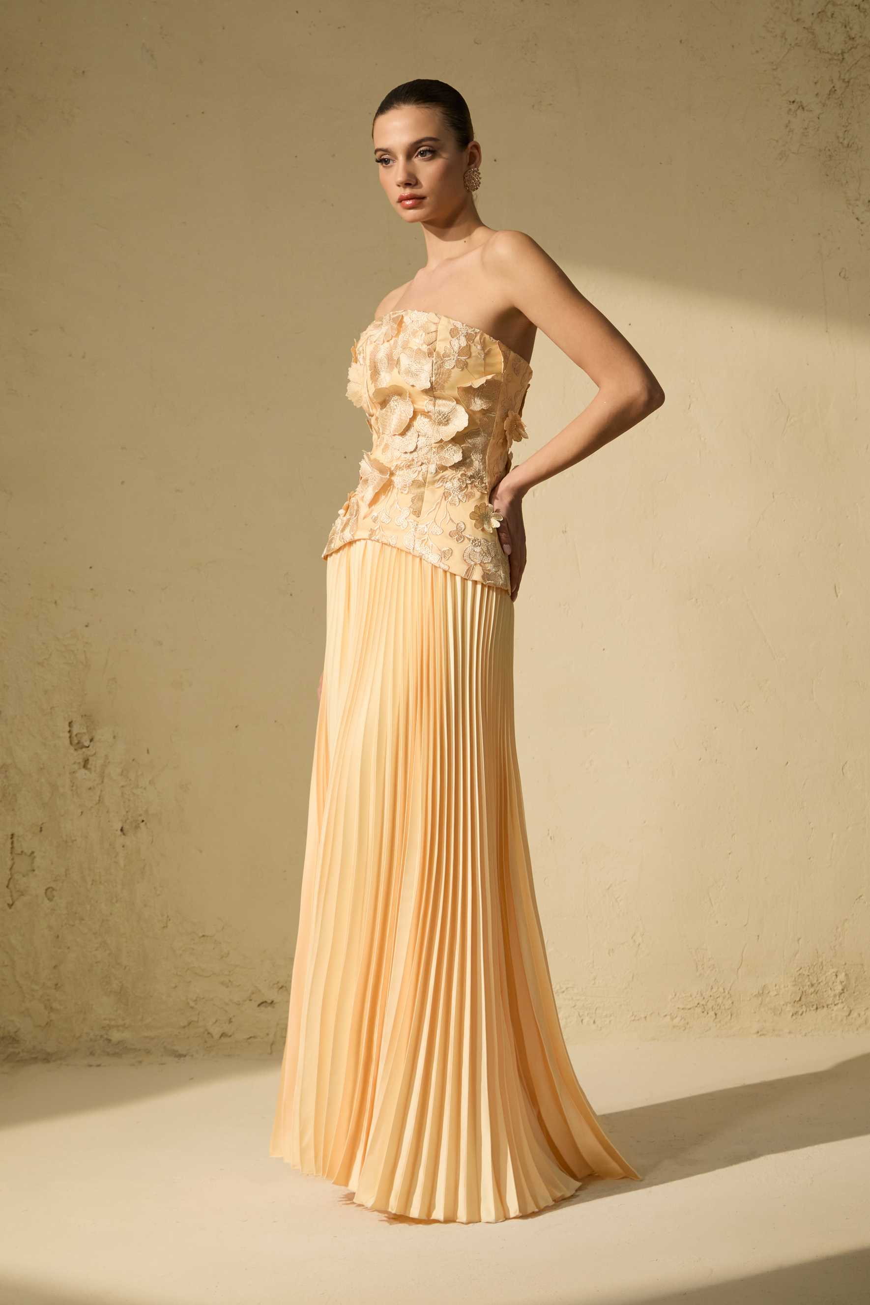 Glistening Grandeur Yellow Floral Applique Corset Top & Pleated Skirt Set