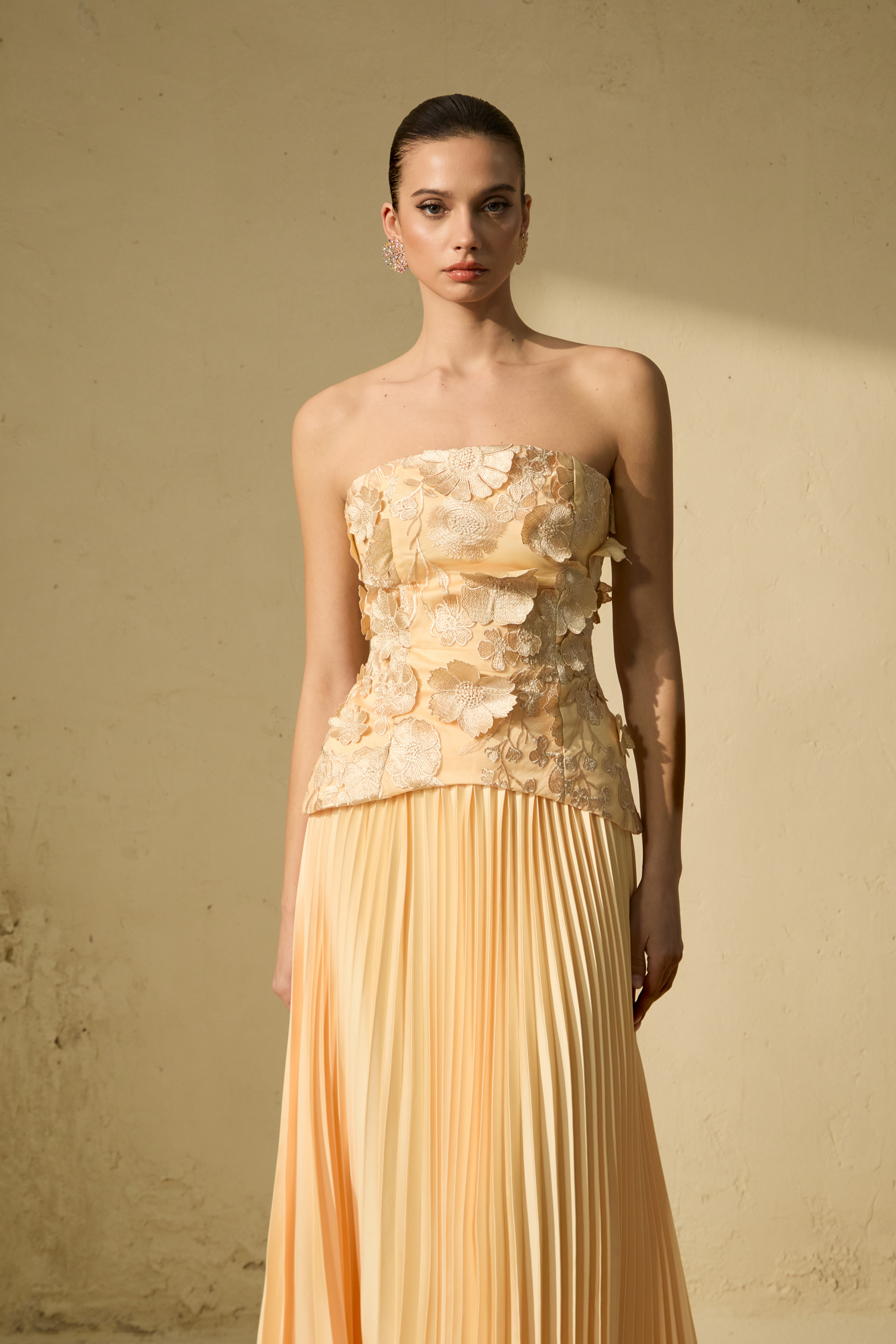 Glistening Grandeur Yellow Floral Applique Corset Top & Pleated Skirt Set