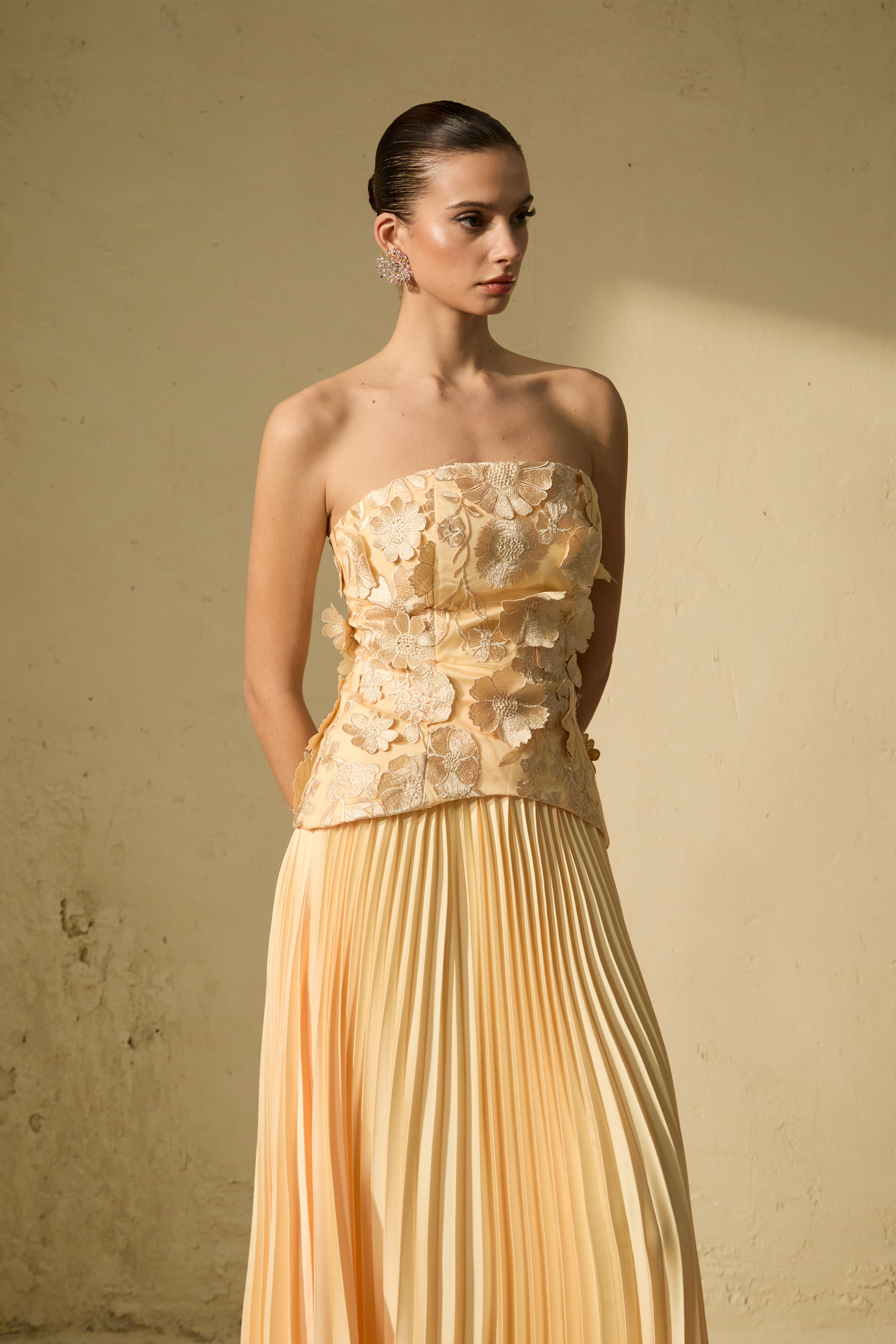 Glistening Grandeur Yellow Floral Applique Corset Top & Pleated Skirt Set