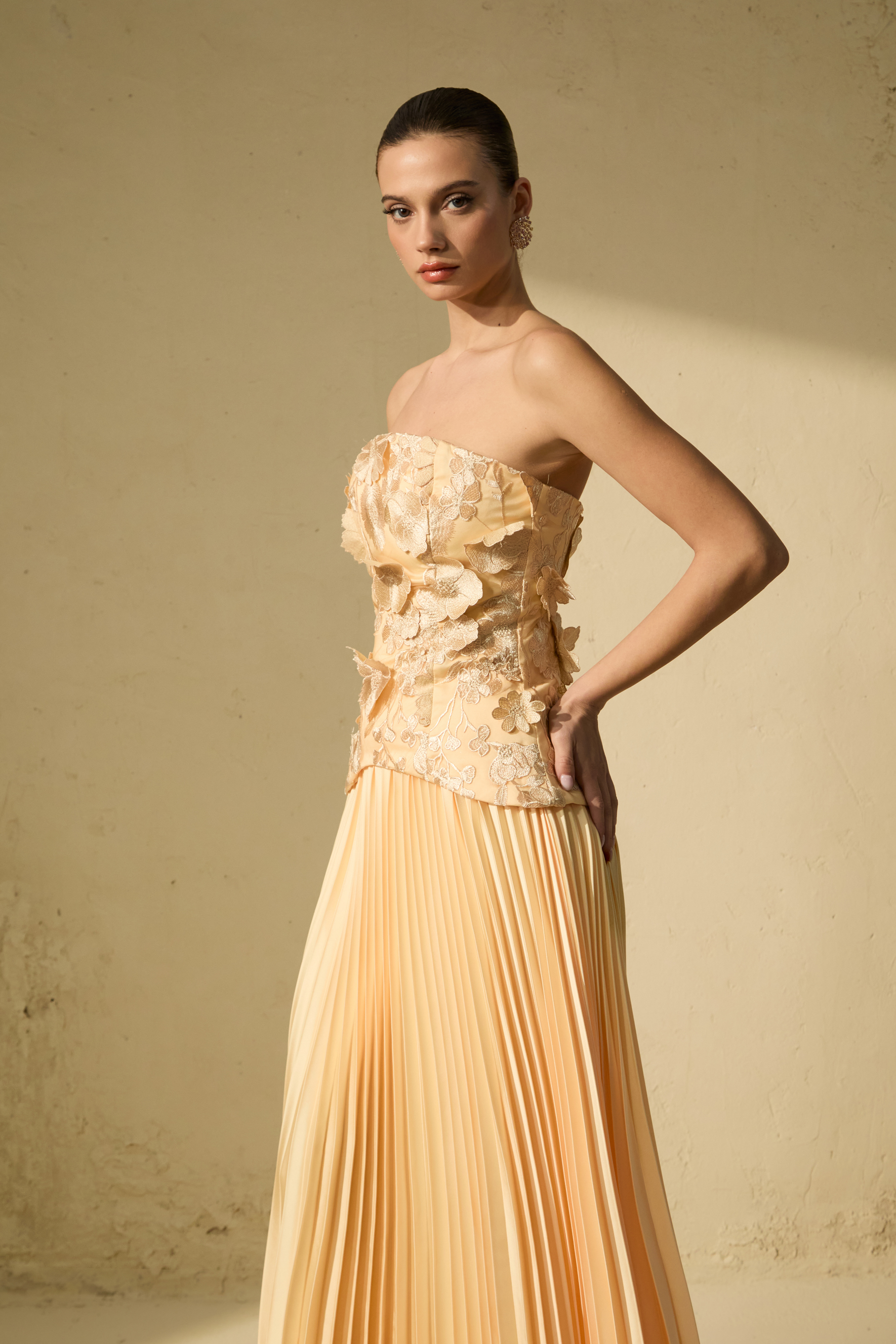 Glistening Grandeur Yellow Floral Applique Corset Top & Pleated Skirt Set