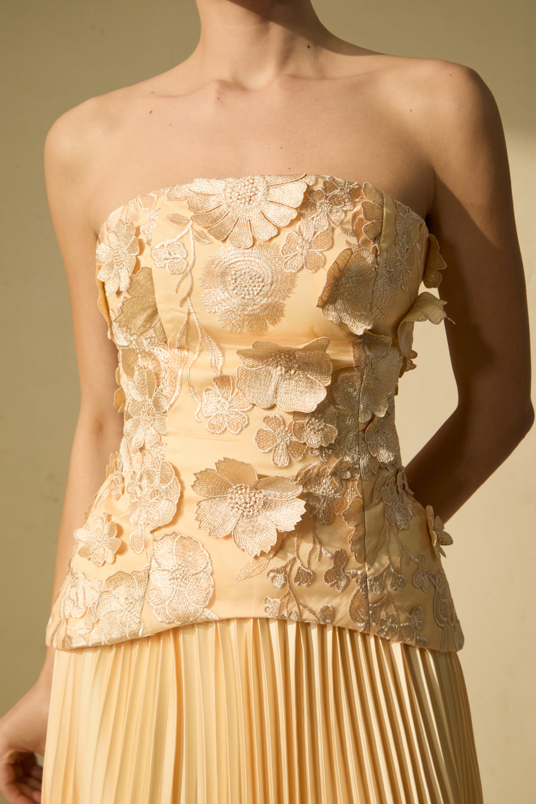 Glistening Grandeur Yellow Floral Applique Corset Top & Pleated Skirt Set