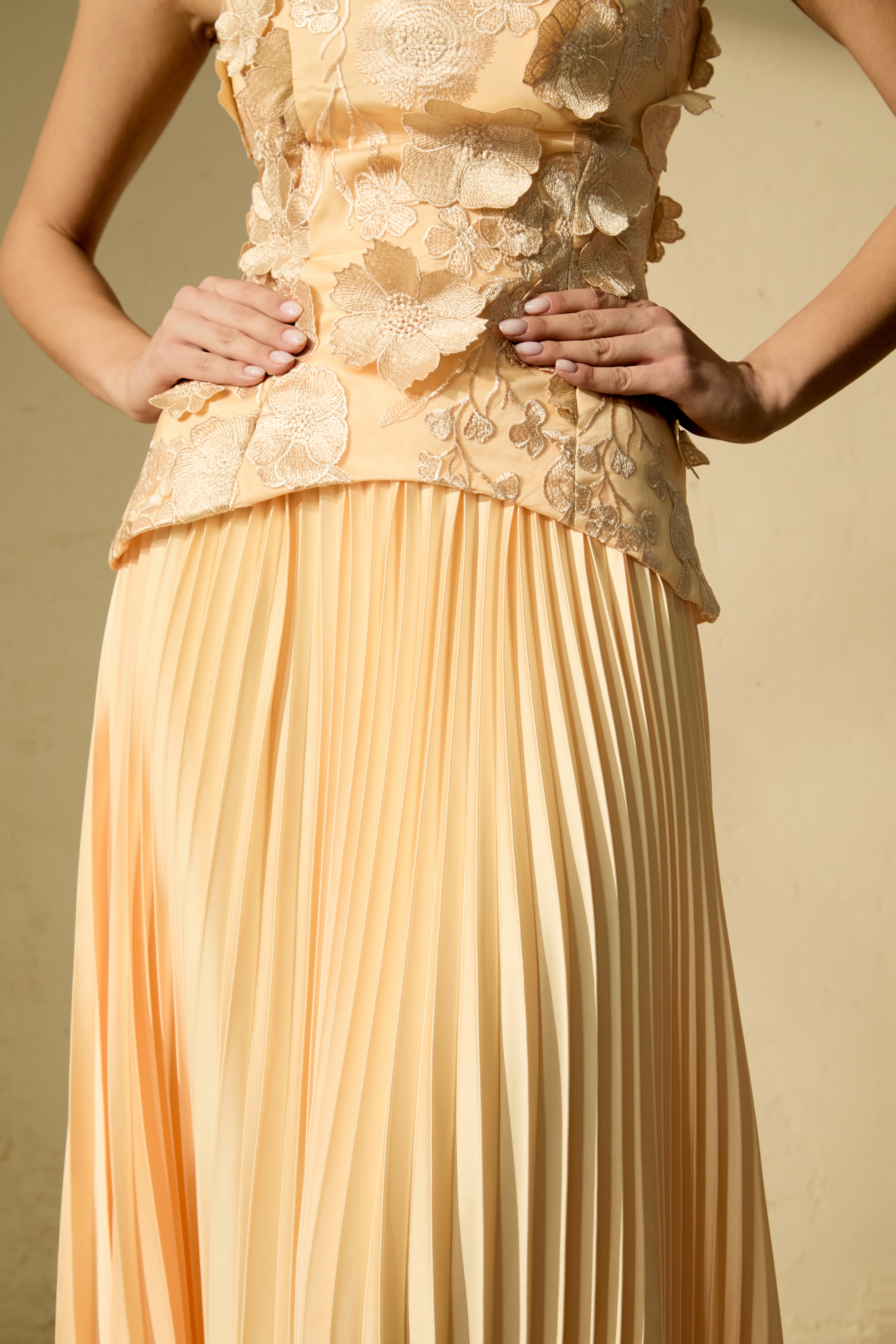 Glistening Grandeur Yellow Floral Applique Corset Top & Pleated Skirt Set