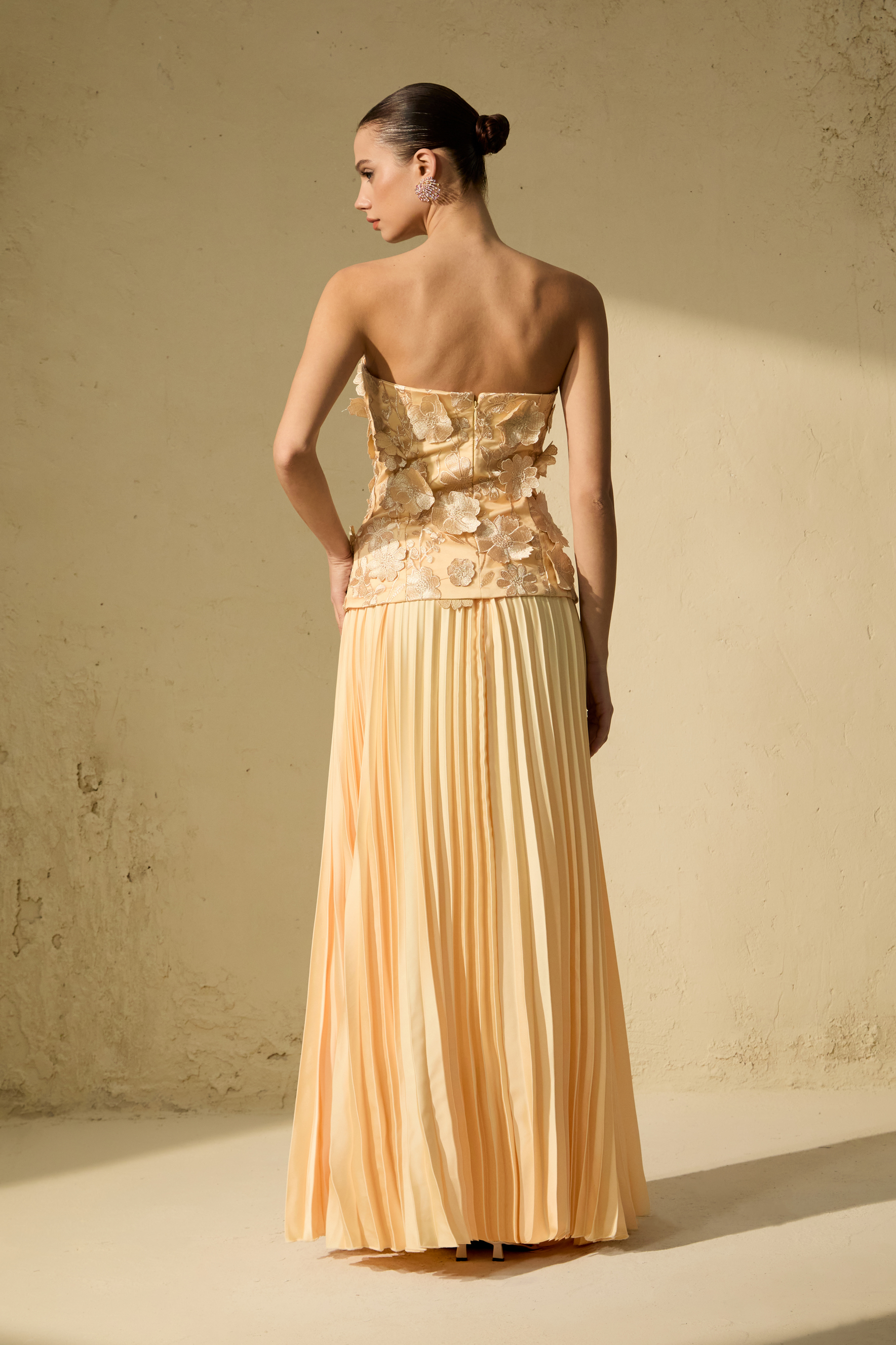 Glistening Grandeur Yellow Floral Applique Corset Top & Pleated Skirt Set