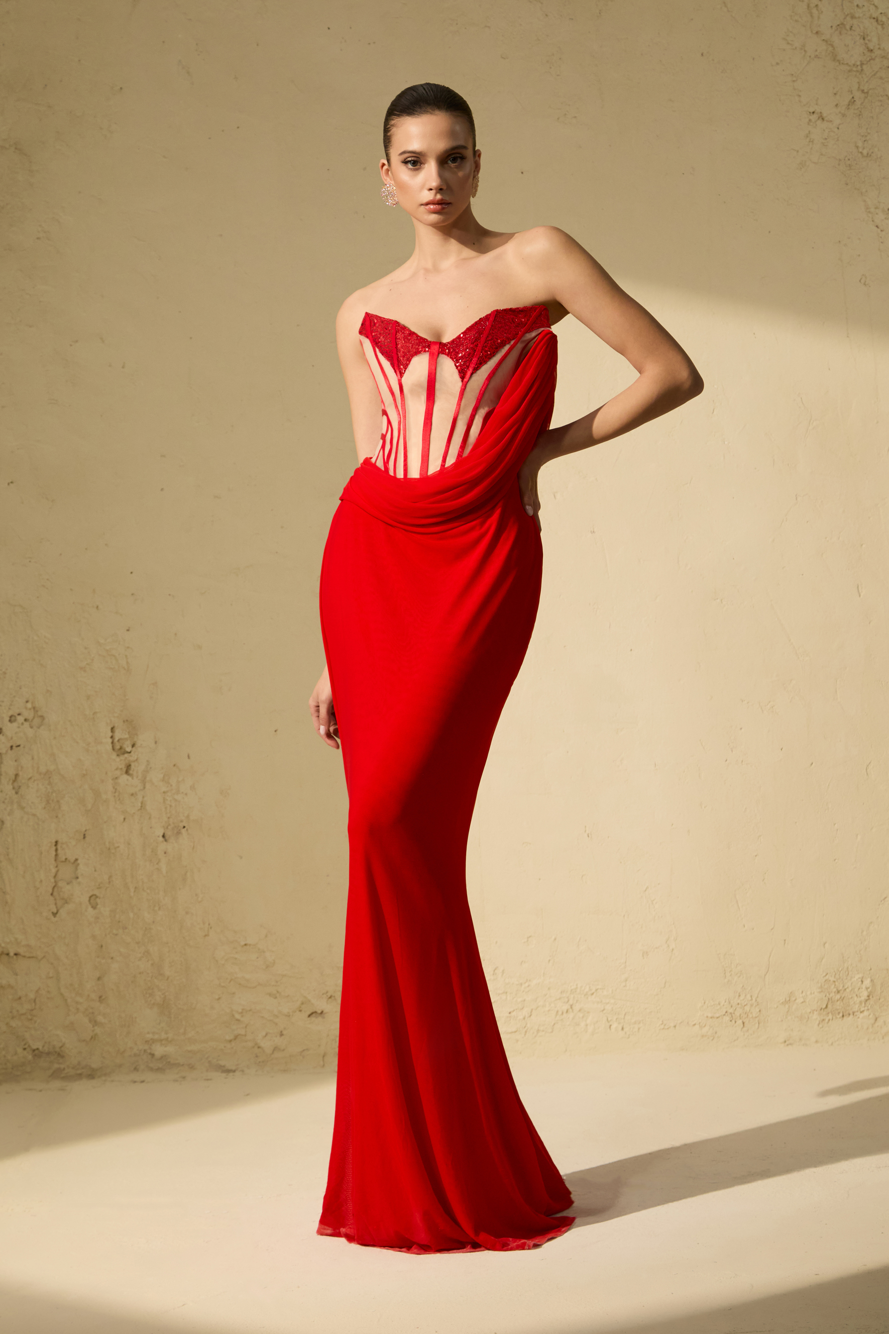 Queen Worthy Red Corset Bodice Draped Maxi Dress