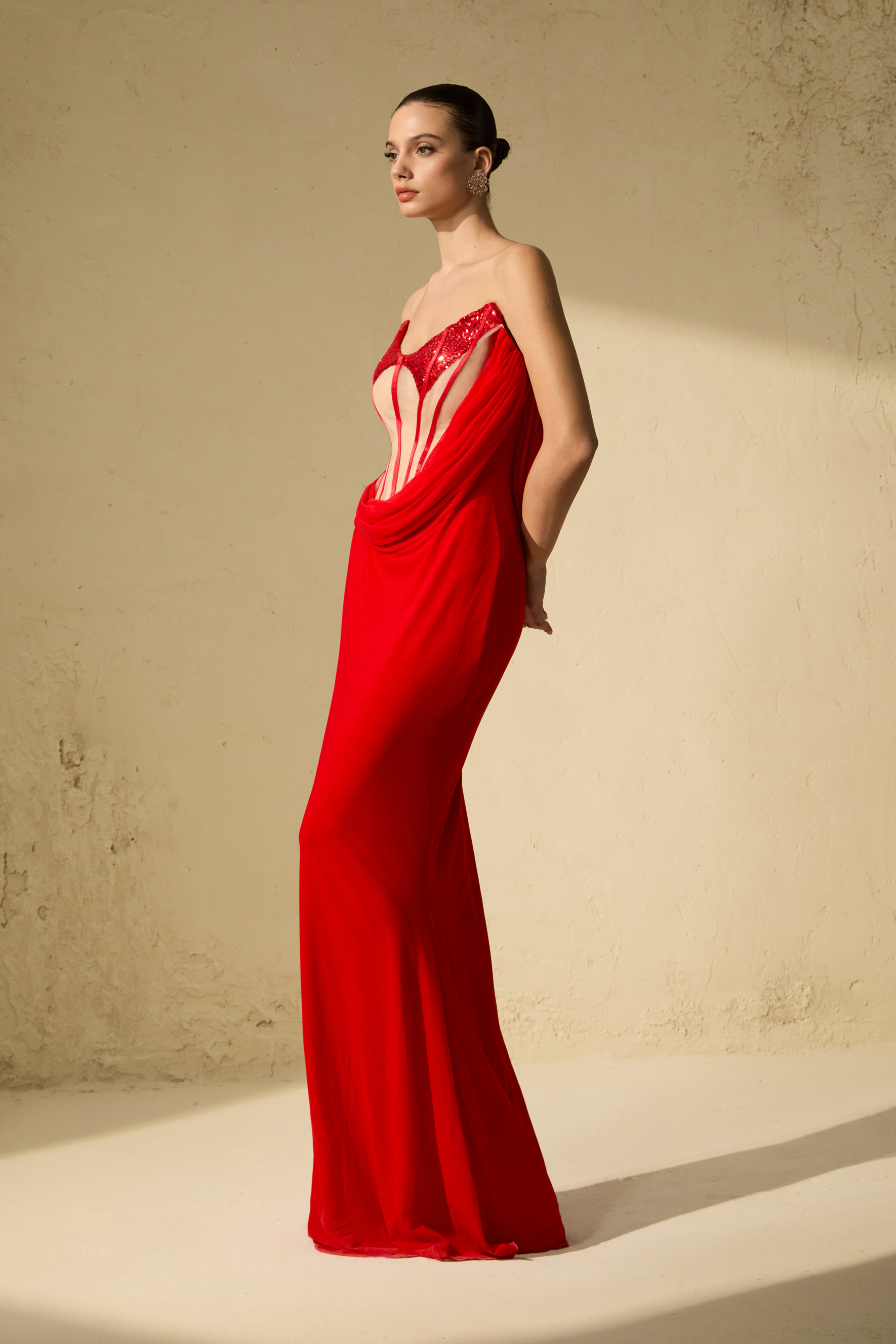 Queen Worthy Red Corset Bodice Draped Maxi Dress