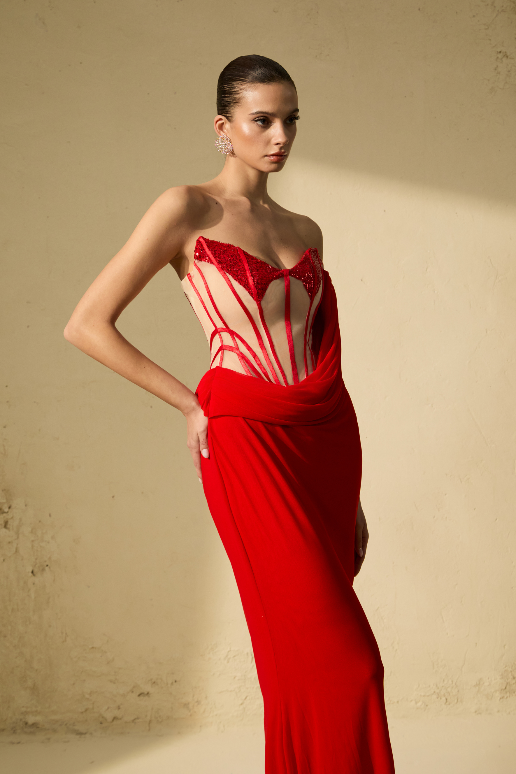Queen Worthy Red Corset Bodice Draped Maxi Dress