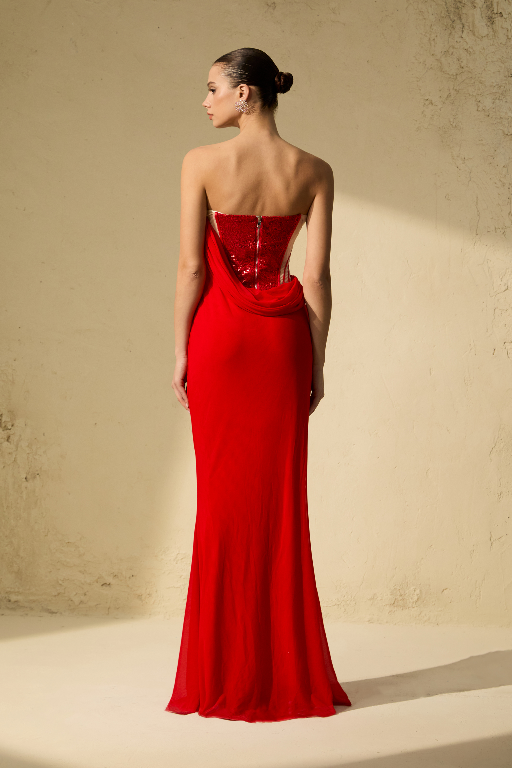 Queen Worthy Red Corset Bodice Draped Maxi Dress