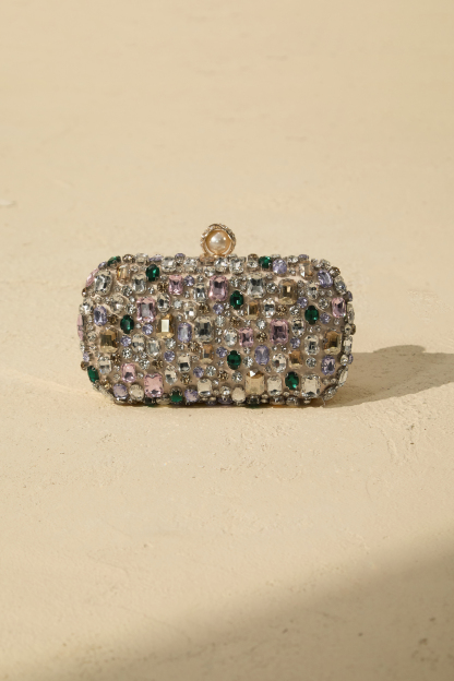 Crystal Embellished Satin Box Clutch Purse