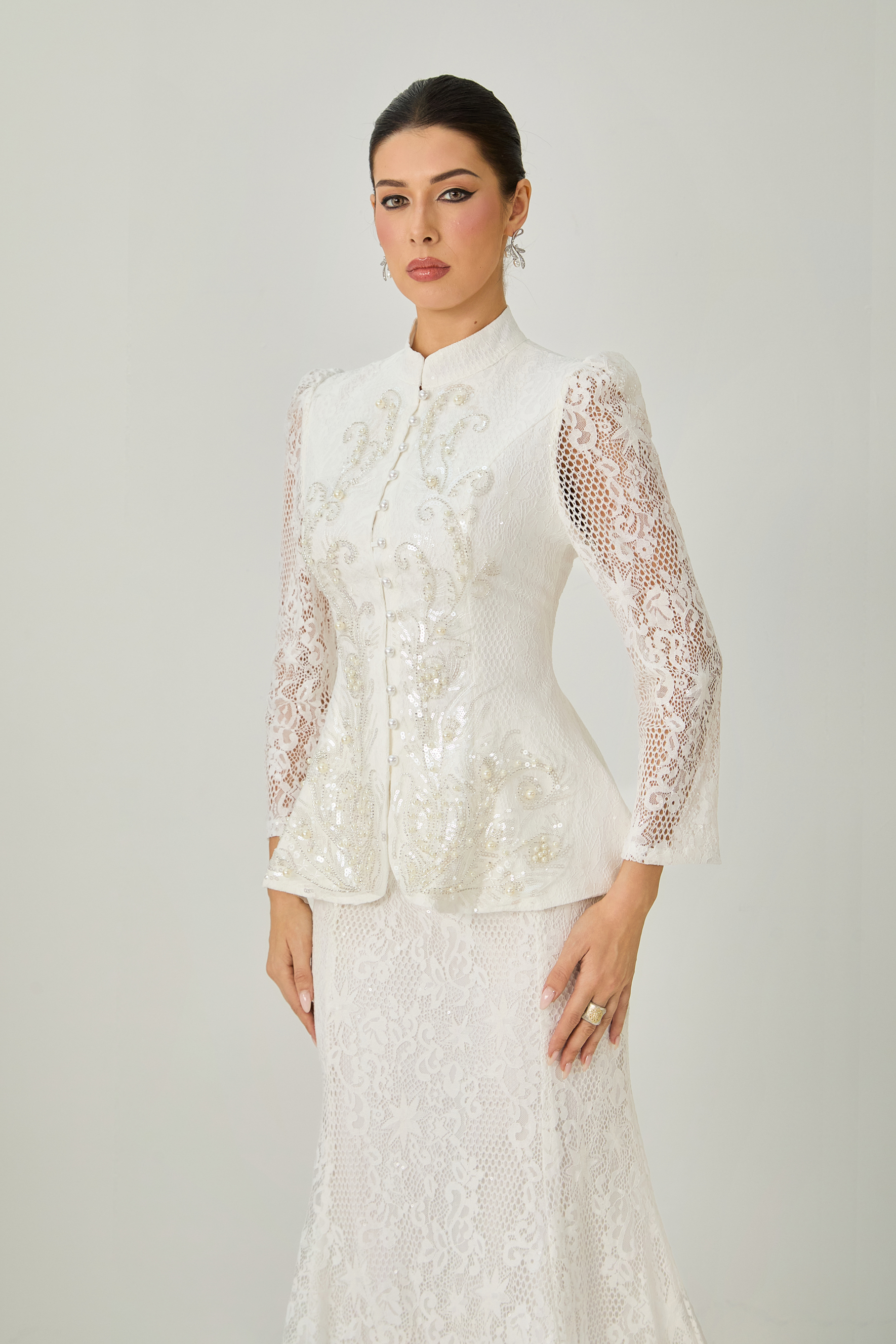 Picturesque Moments White Pearl Embroidered Lace Top & Skirt Set