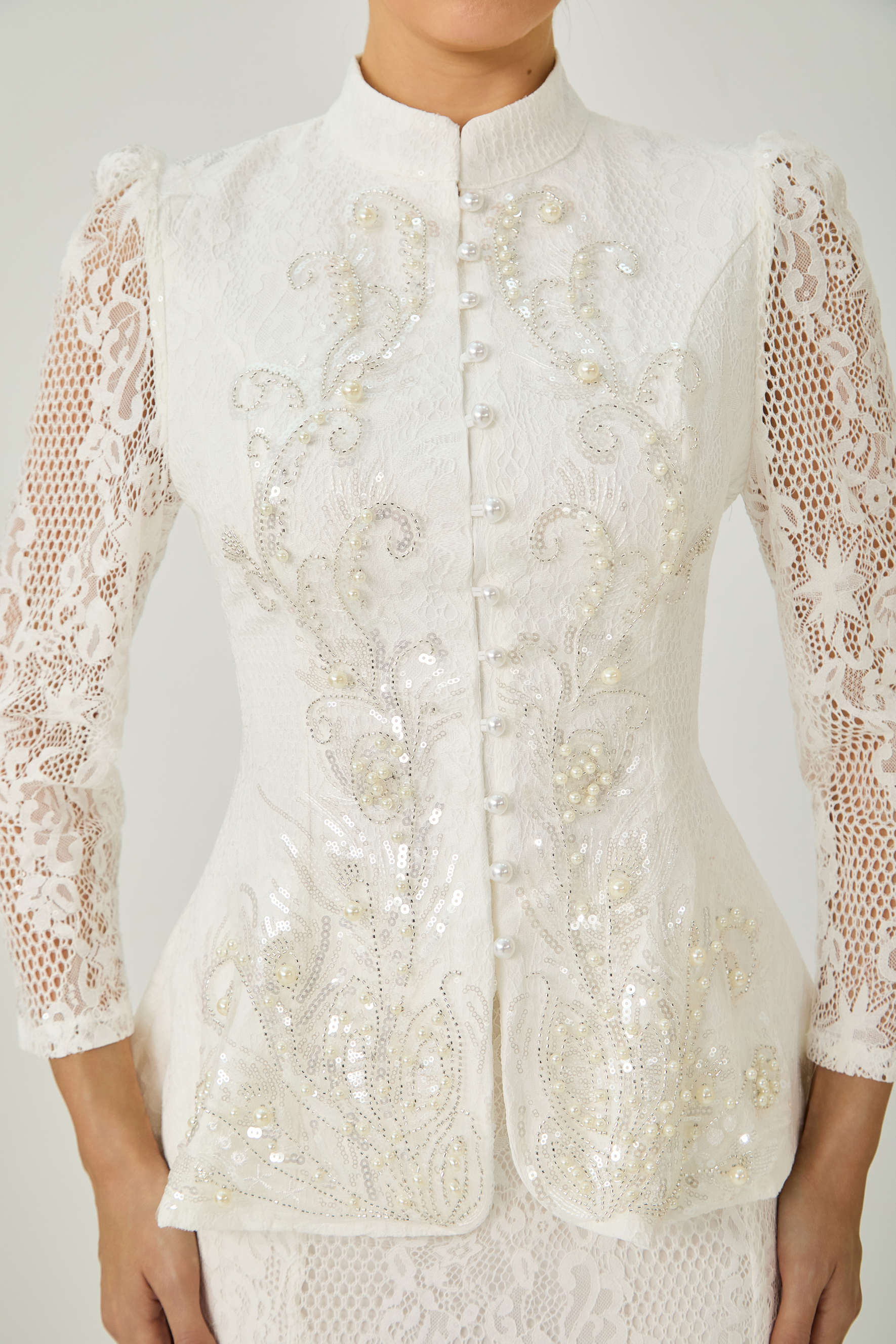 Picturesque Moments White Pearl Embroidered Lace Top & Skirt Set