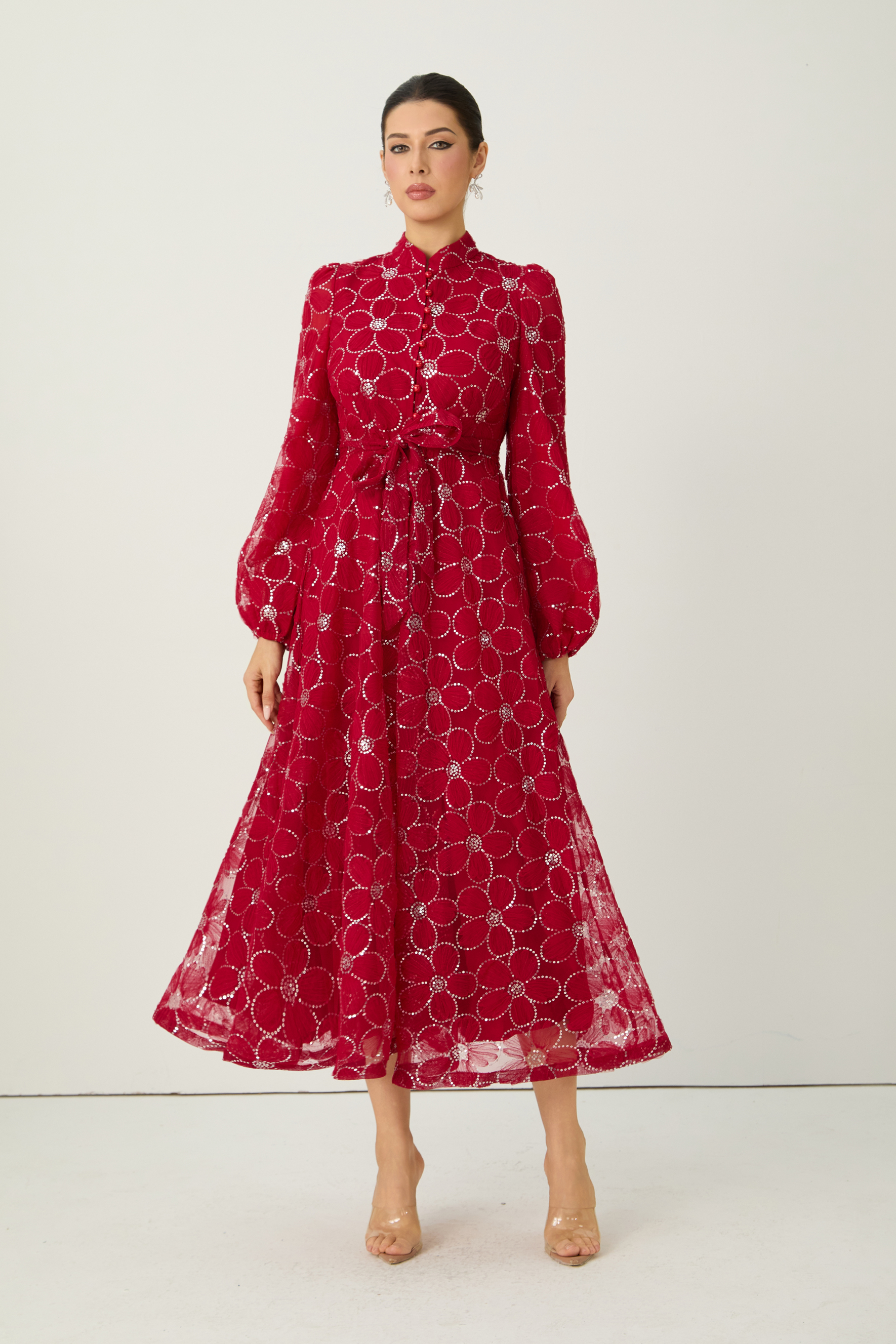 Charming Event Red Sequin Floral Embroidered Maxi Dress