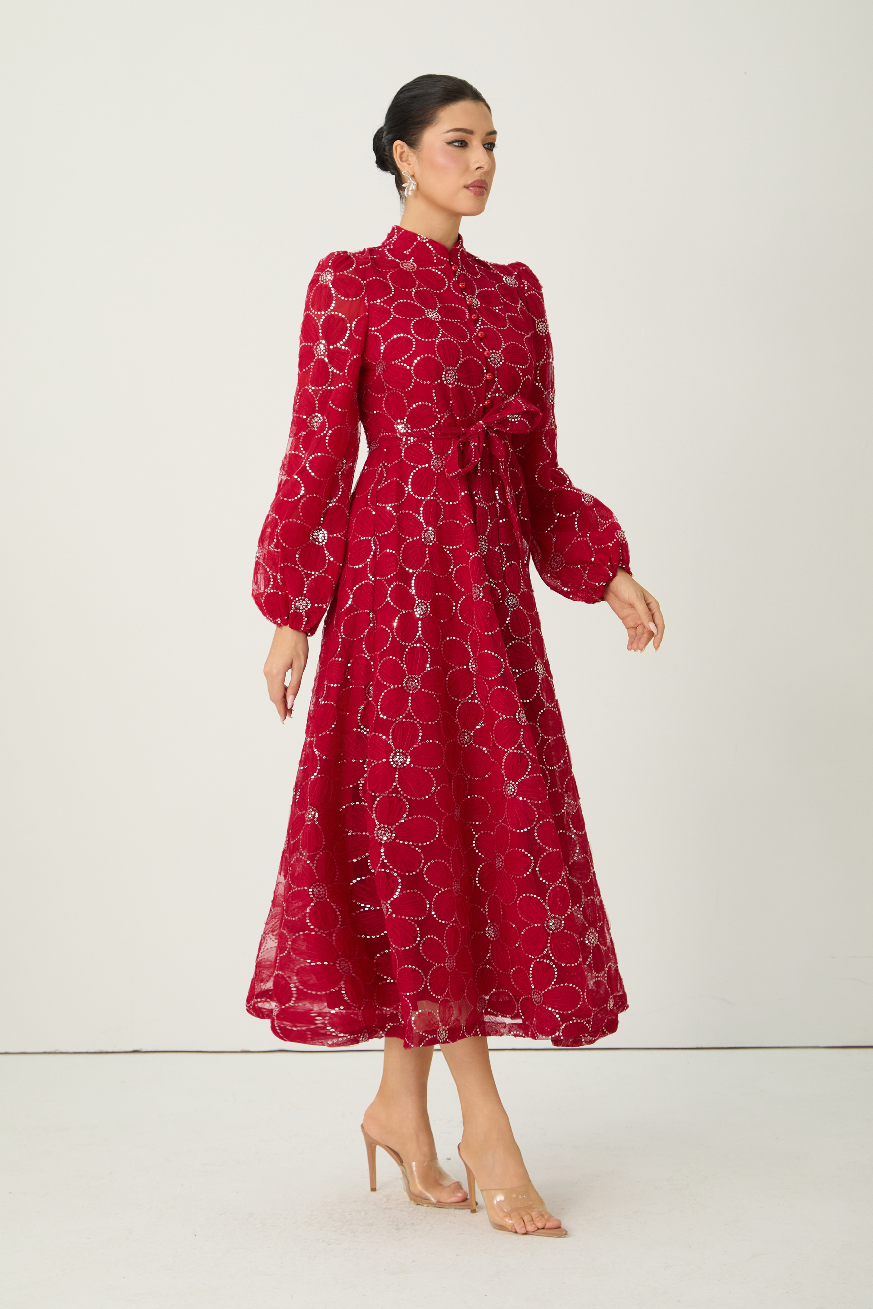 Charming Event Red Sequin Floral Embroidered Maxi Dress