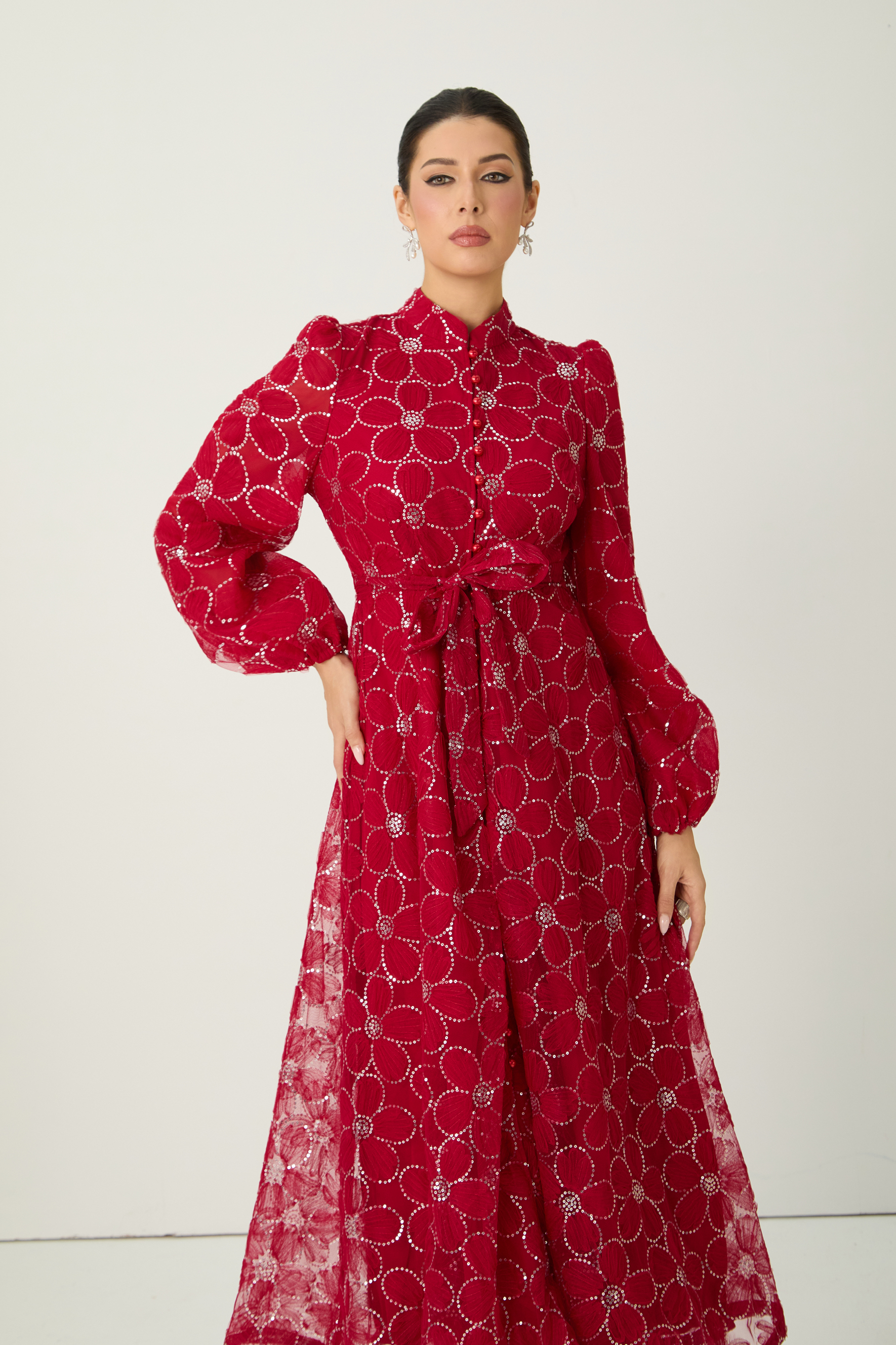 Charming Event Red Sequin Floral Embroidered Maxi Dress