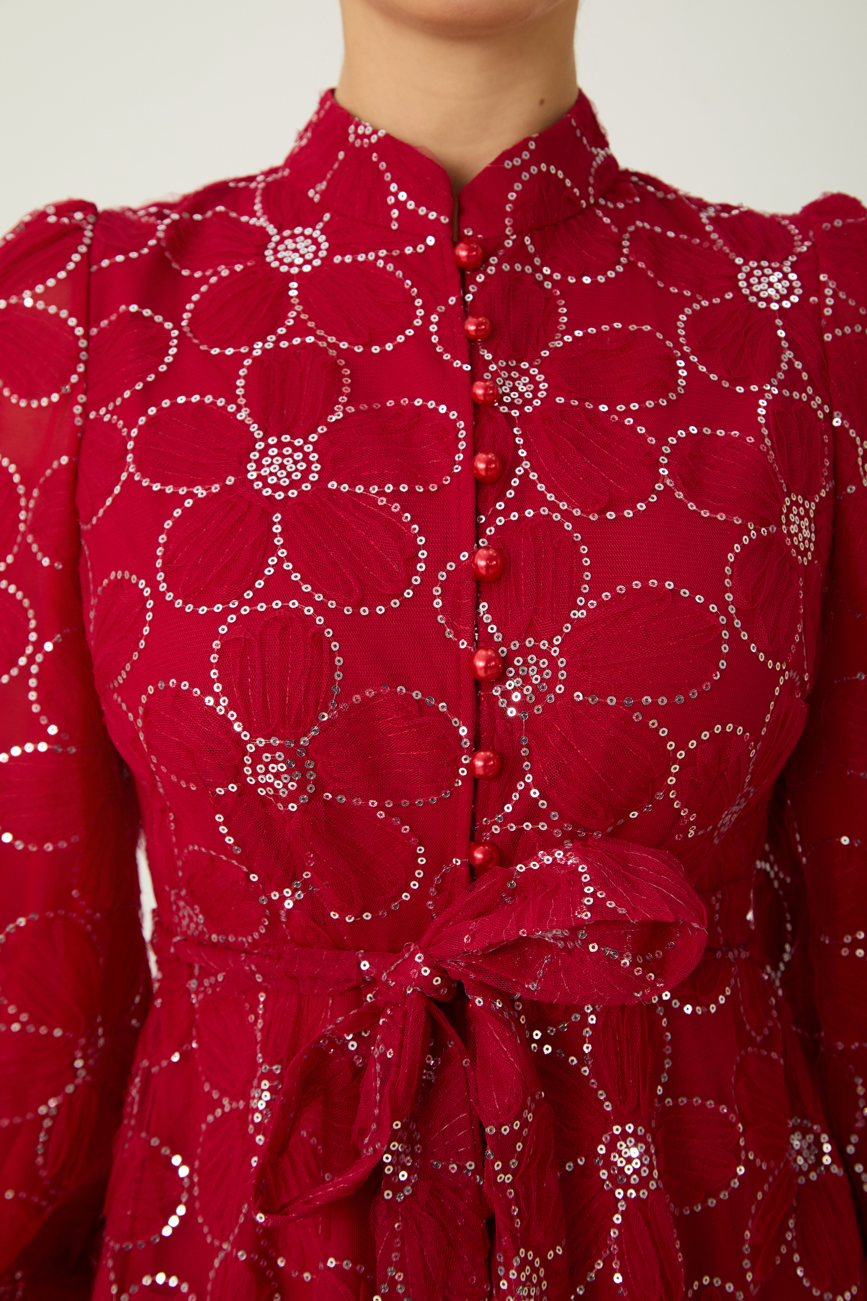 Charming Event Red Sequin Floral Embroidered Maxi Dress