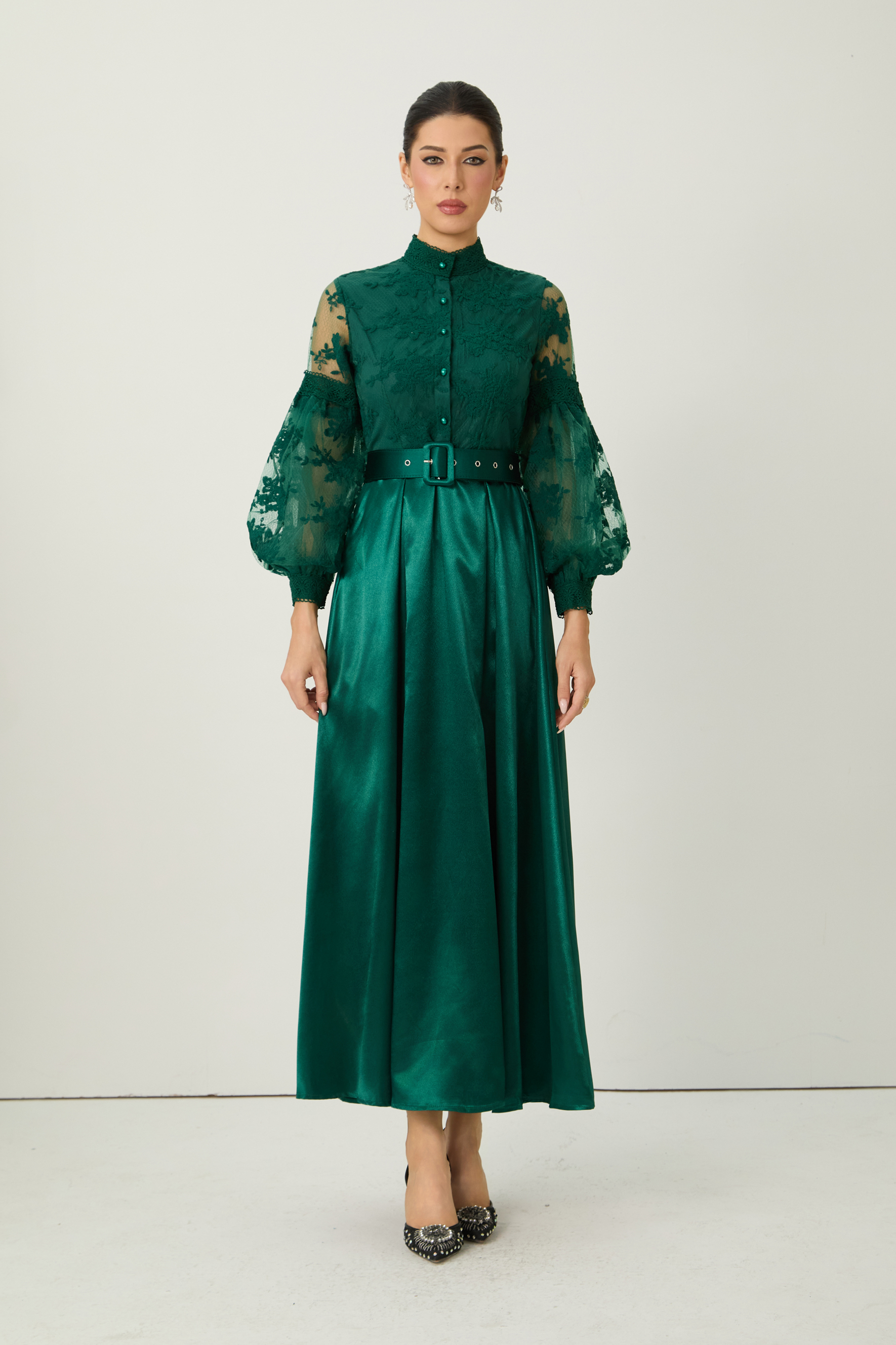 Perfectly Flirtatious Green Sheer Lace Sleeve Maxi Dress