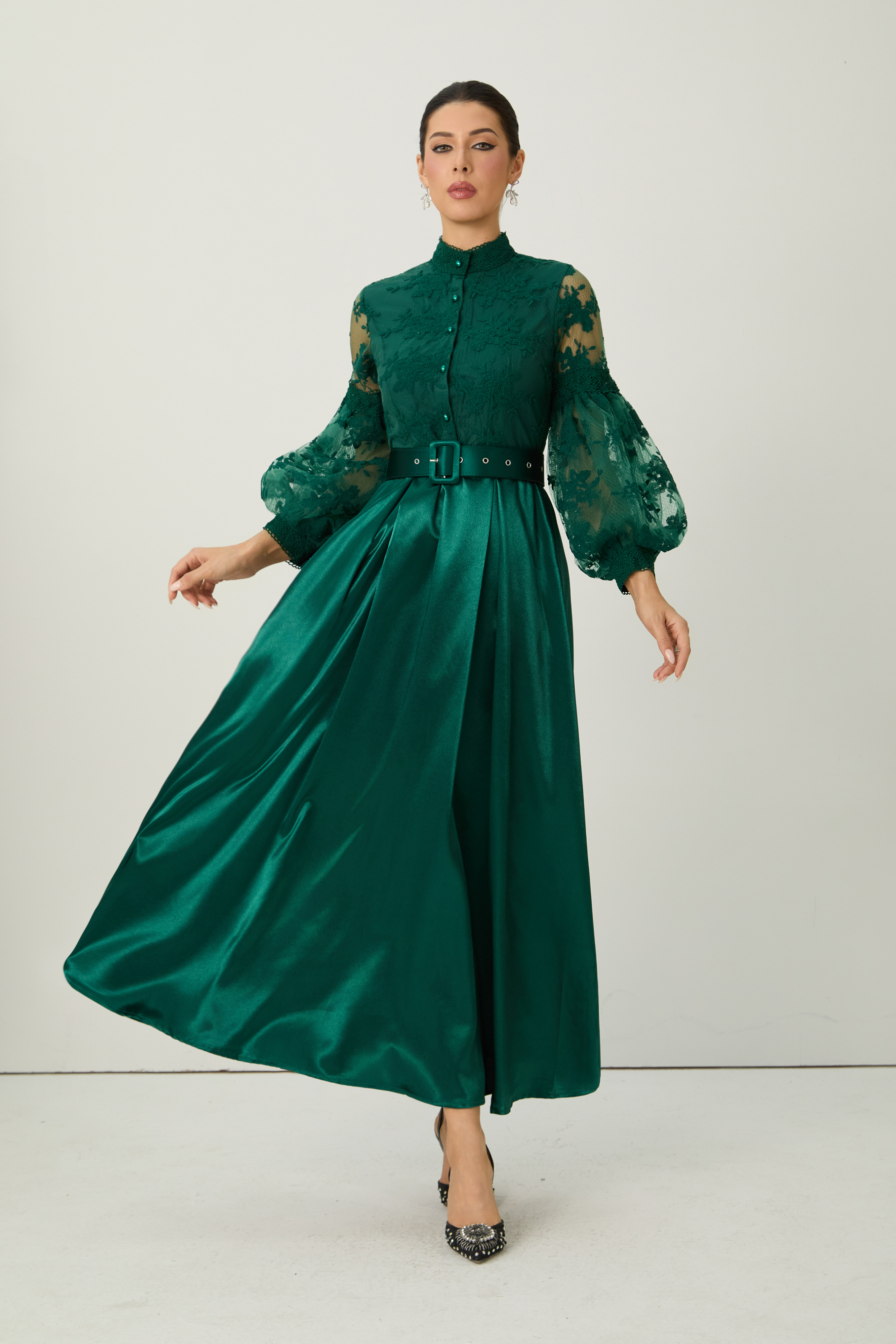 Perfectly Flirtatious Green Sheer Lace Sleeve Maxi Dress
