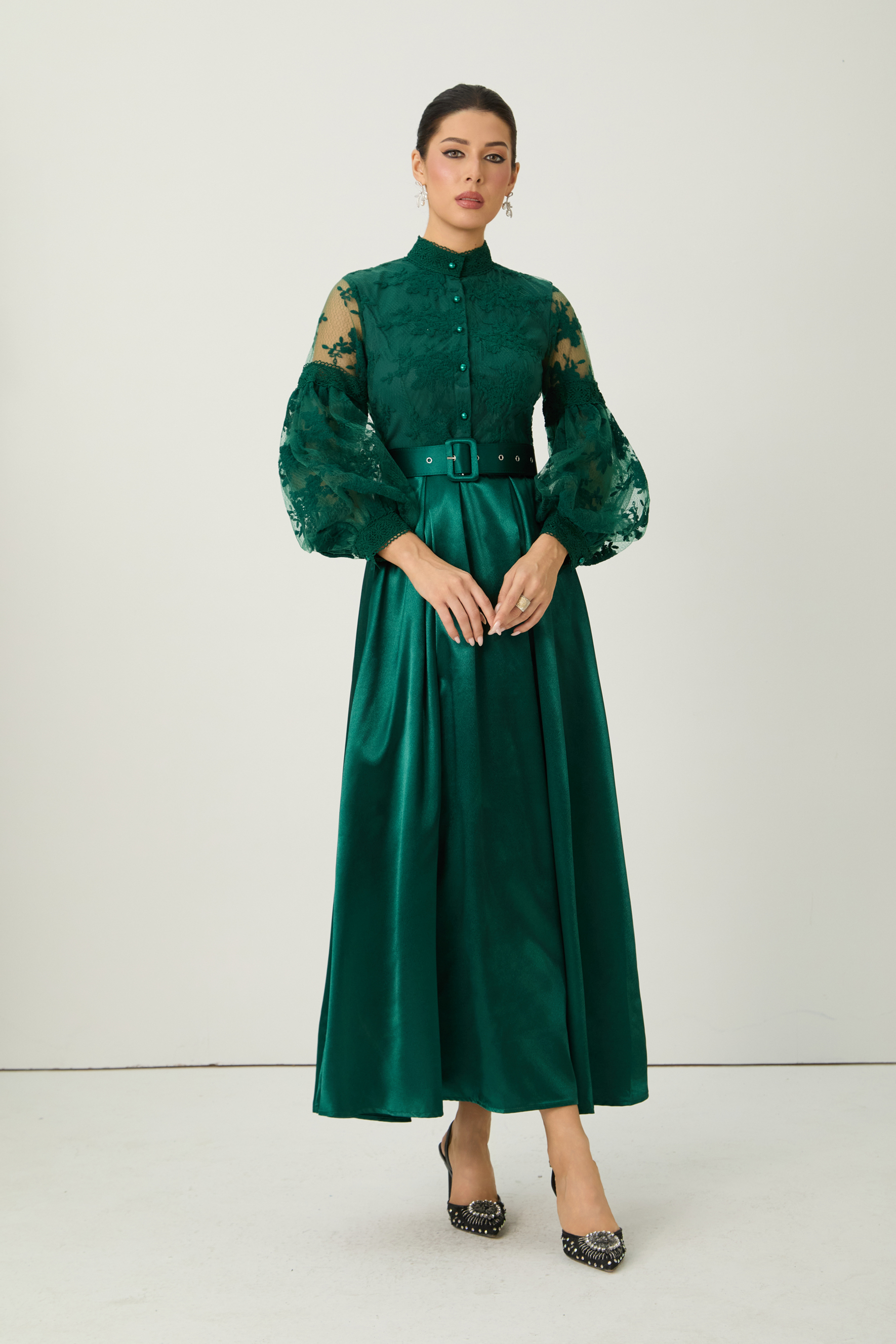 Perfectly Flirtatious Green Sheer Lace Sleeve Maxi Dress