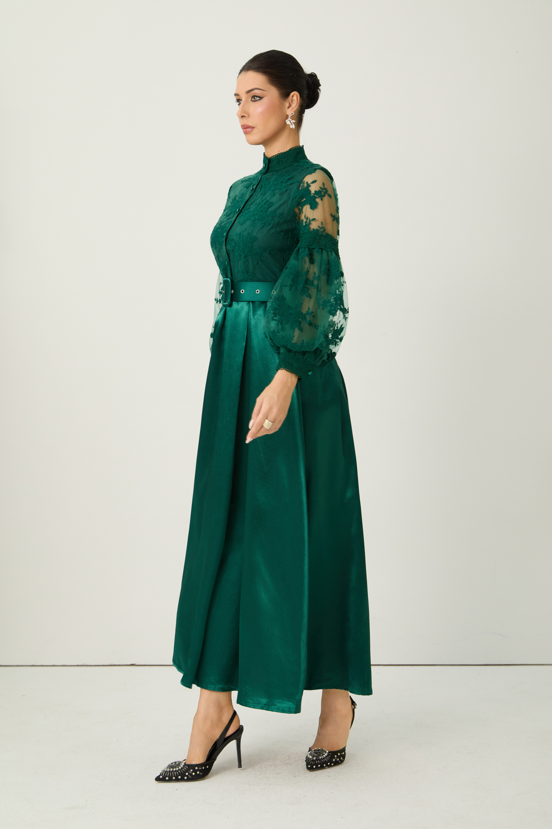 Perfectly Flirtatious Green Sheer Lace Sleeve Maxi Dress
