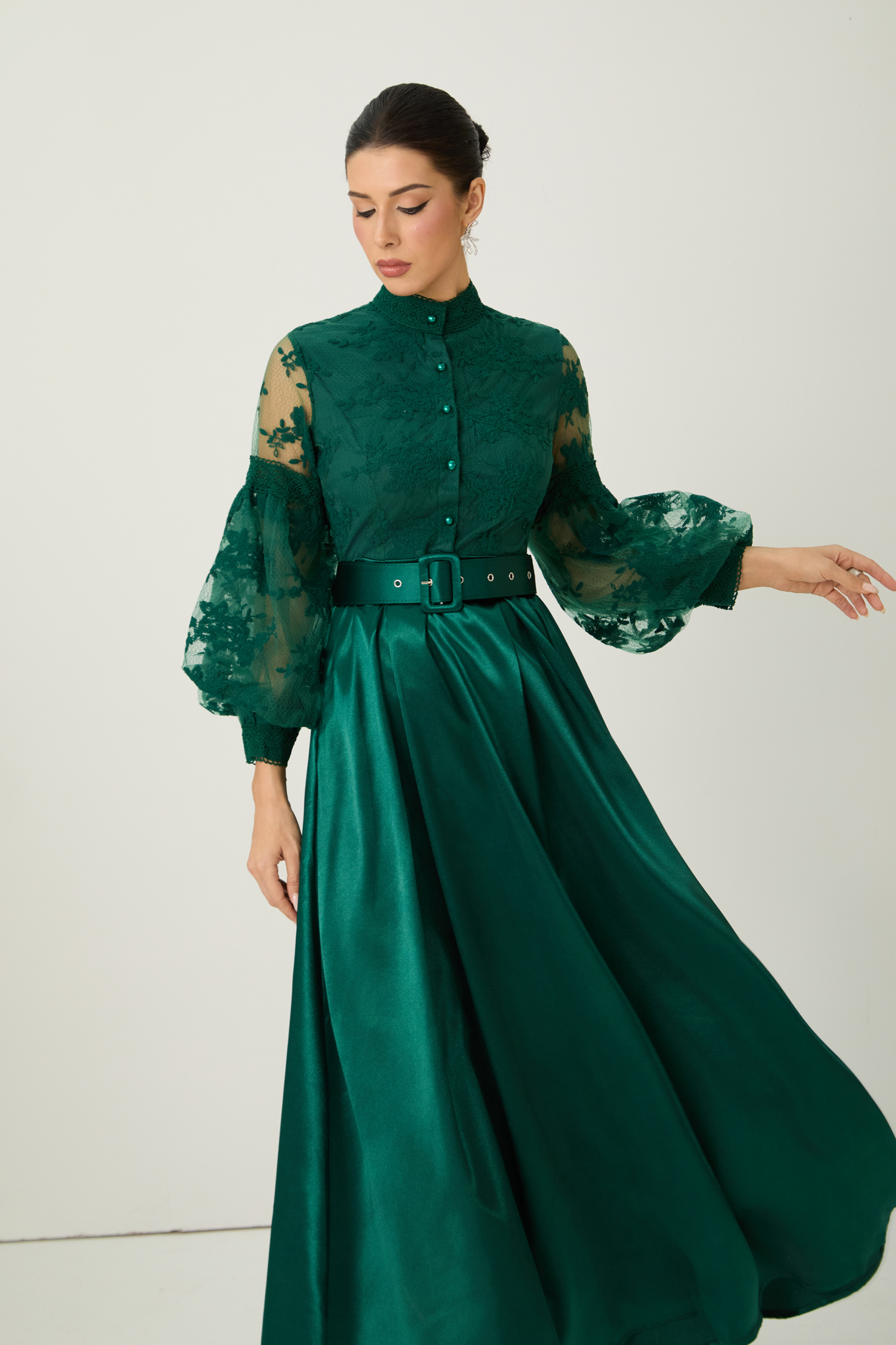 Perfectly Flirtatious Green Sheer Lace Sleeve Maxi Dress