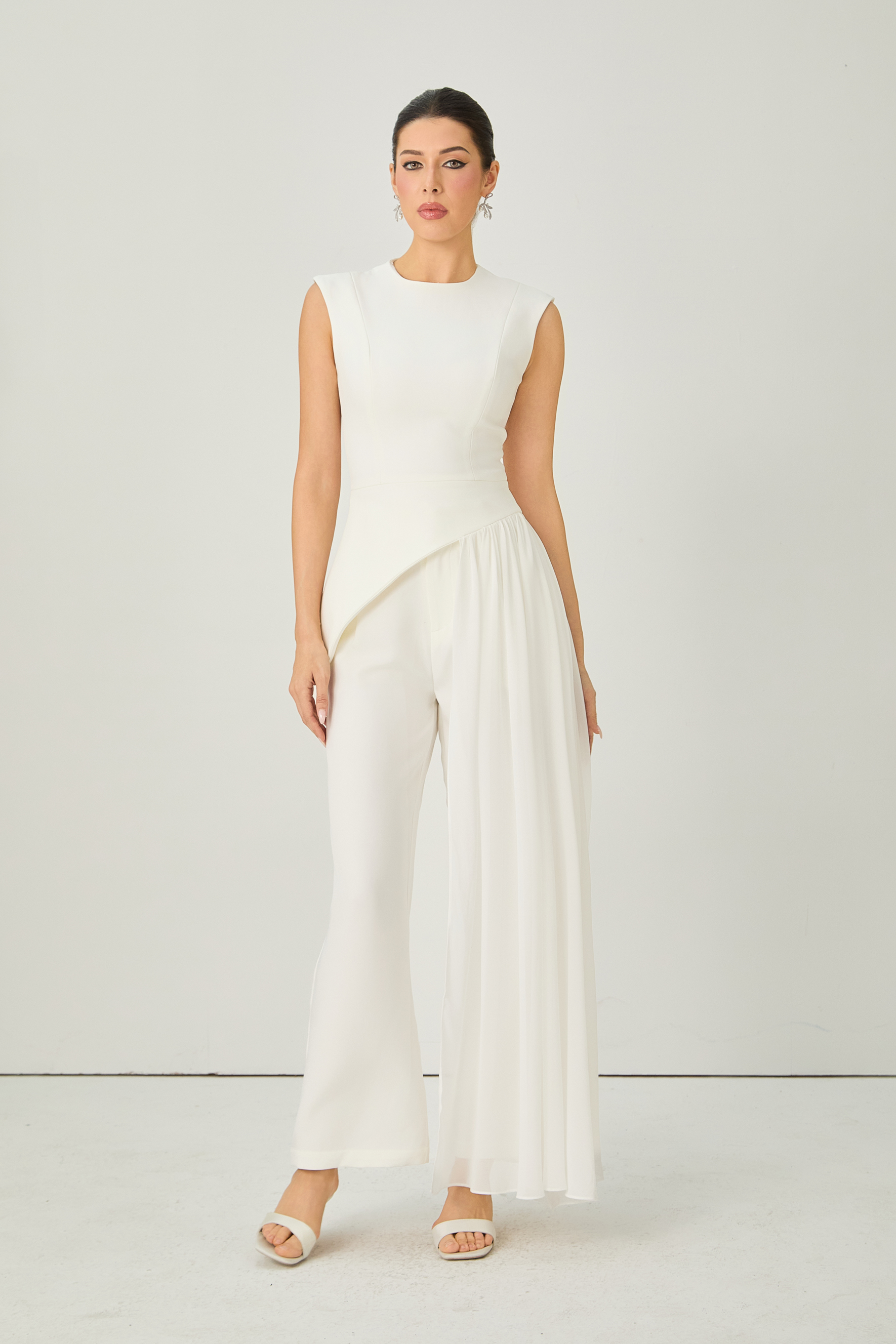 Secret Smile White Asymmetric Top & Wide Leg Pants Set