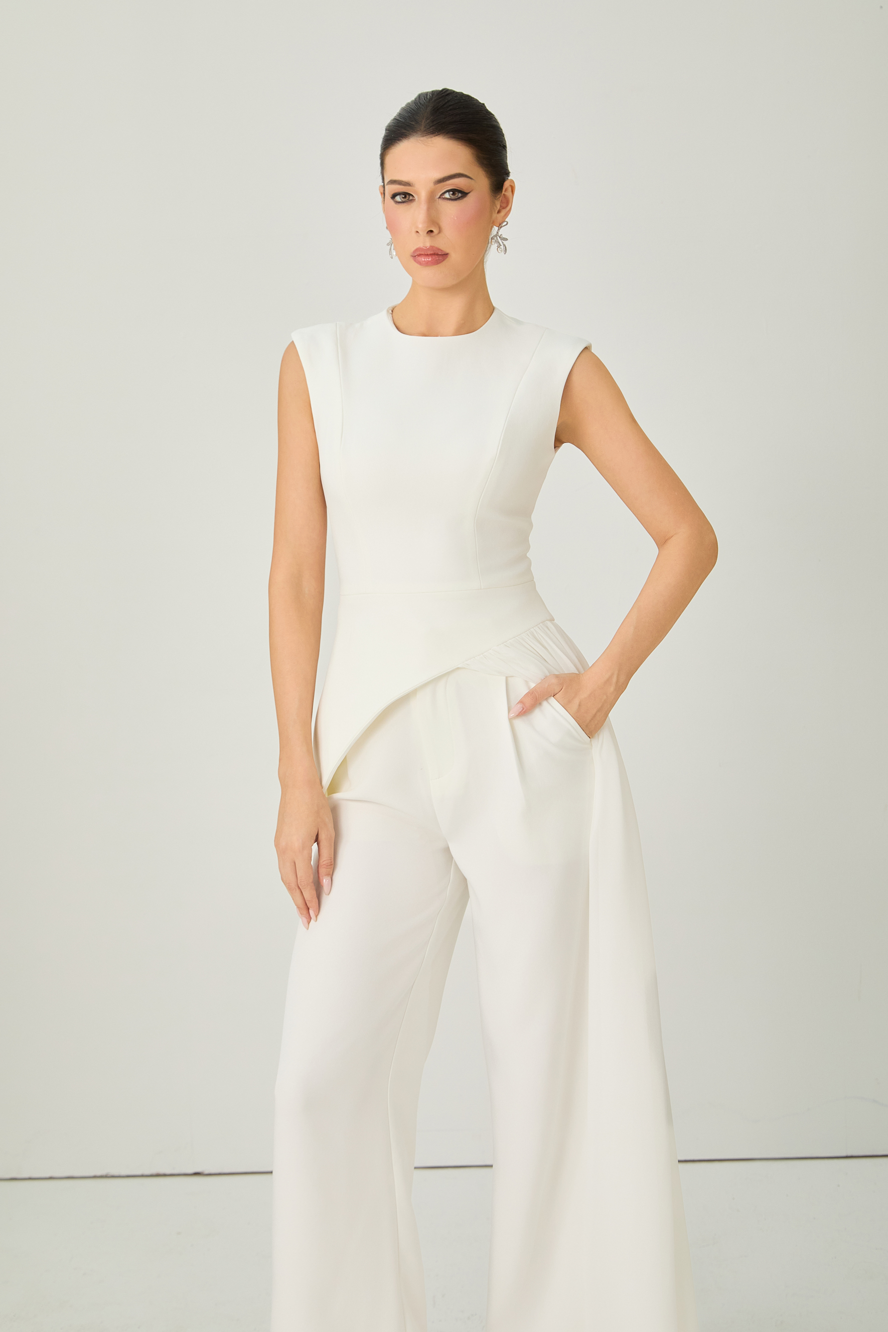 Secret Smile White Asymmetric Top & Wide Leg Pants Set