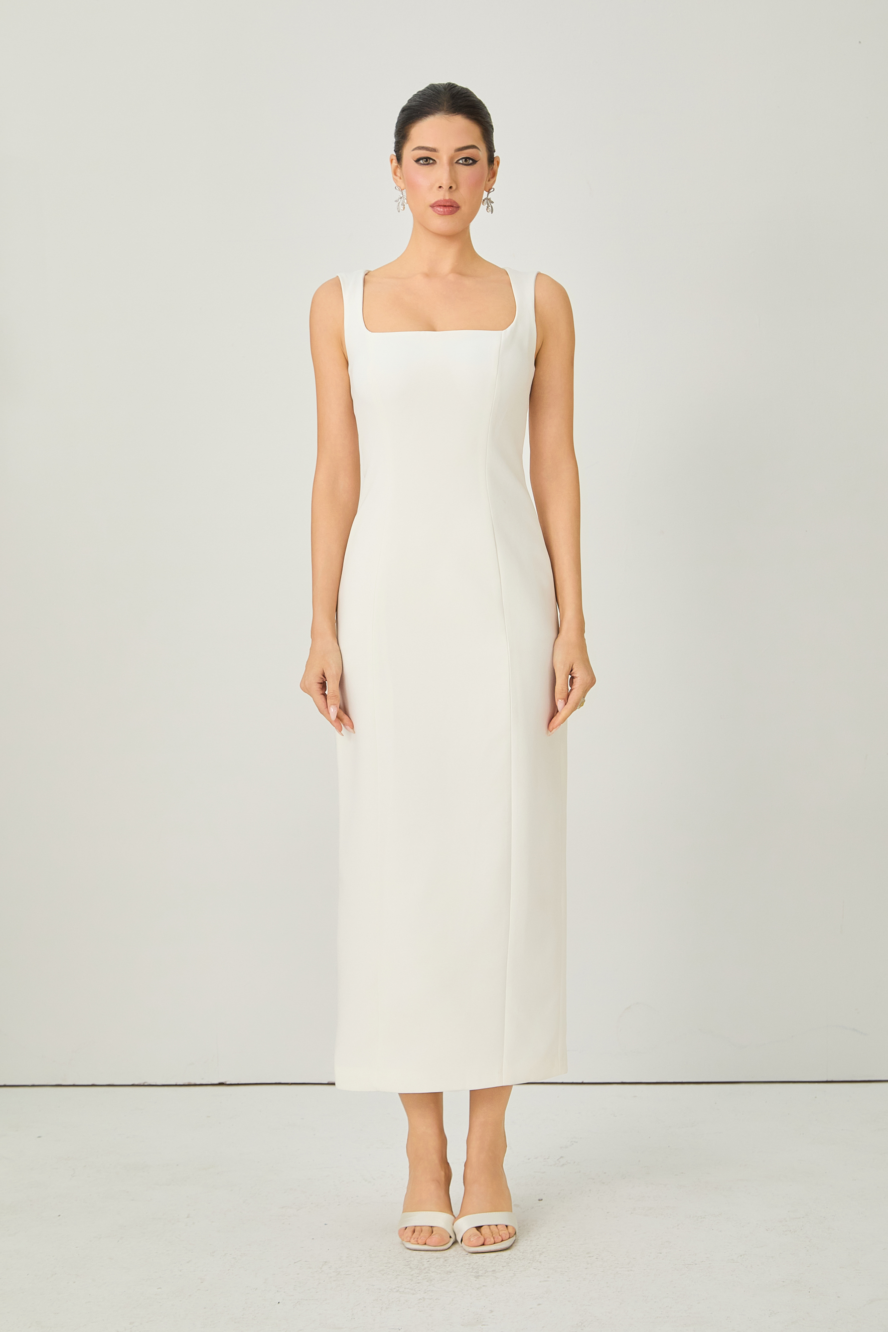 Iconic Edge White Cape Overlay Square Neck Maxi Dress