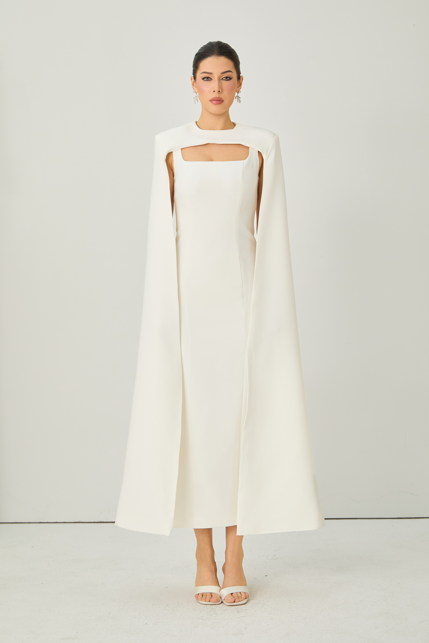 Iconic Edge White Cape Overlay Square Neck Maxi Dress