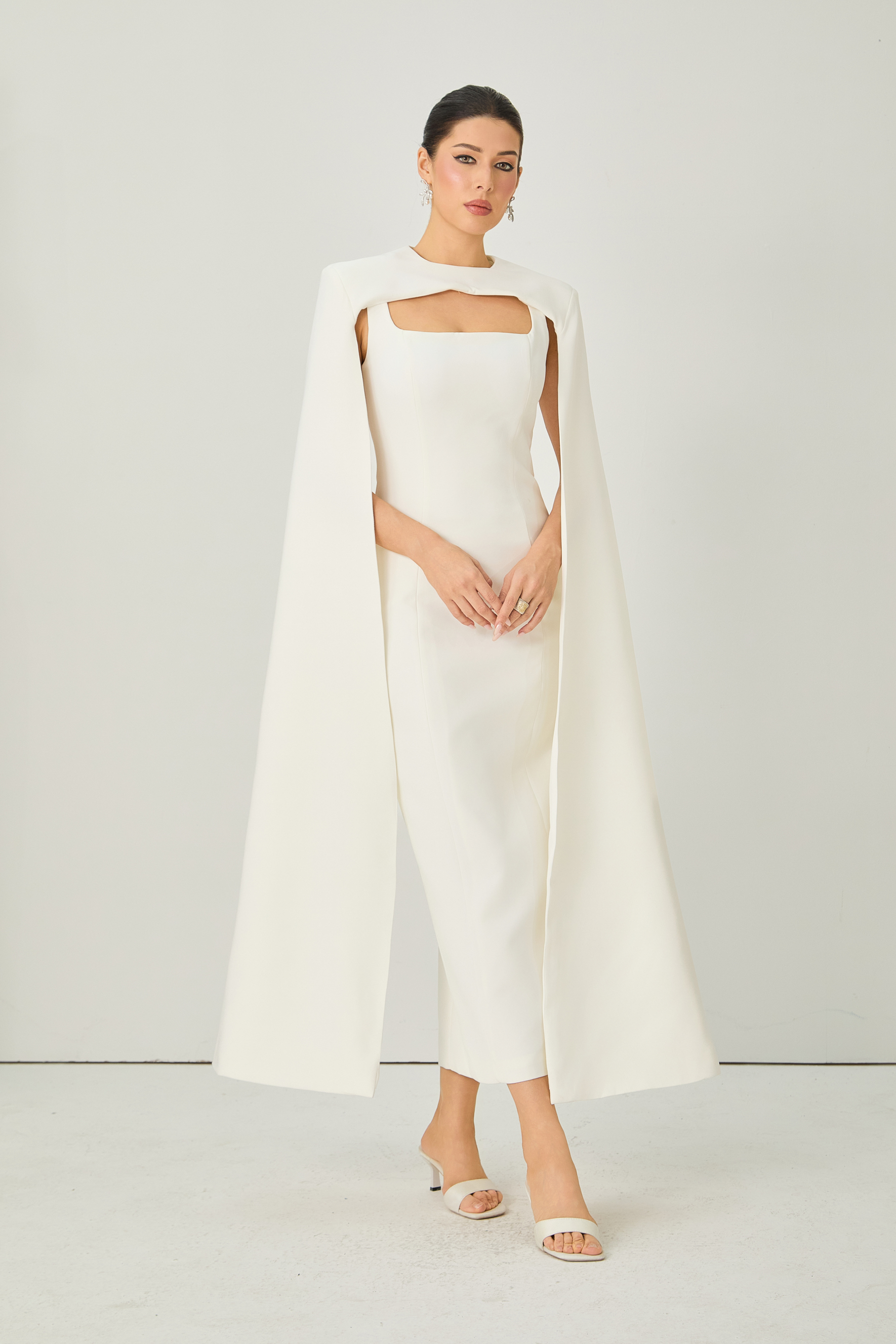 Iconic Edge White Cape Overlay Square Neck Maxi Dress