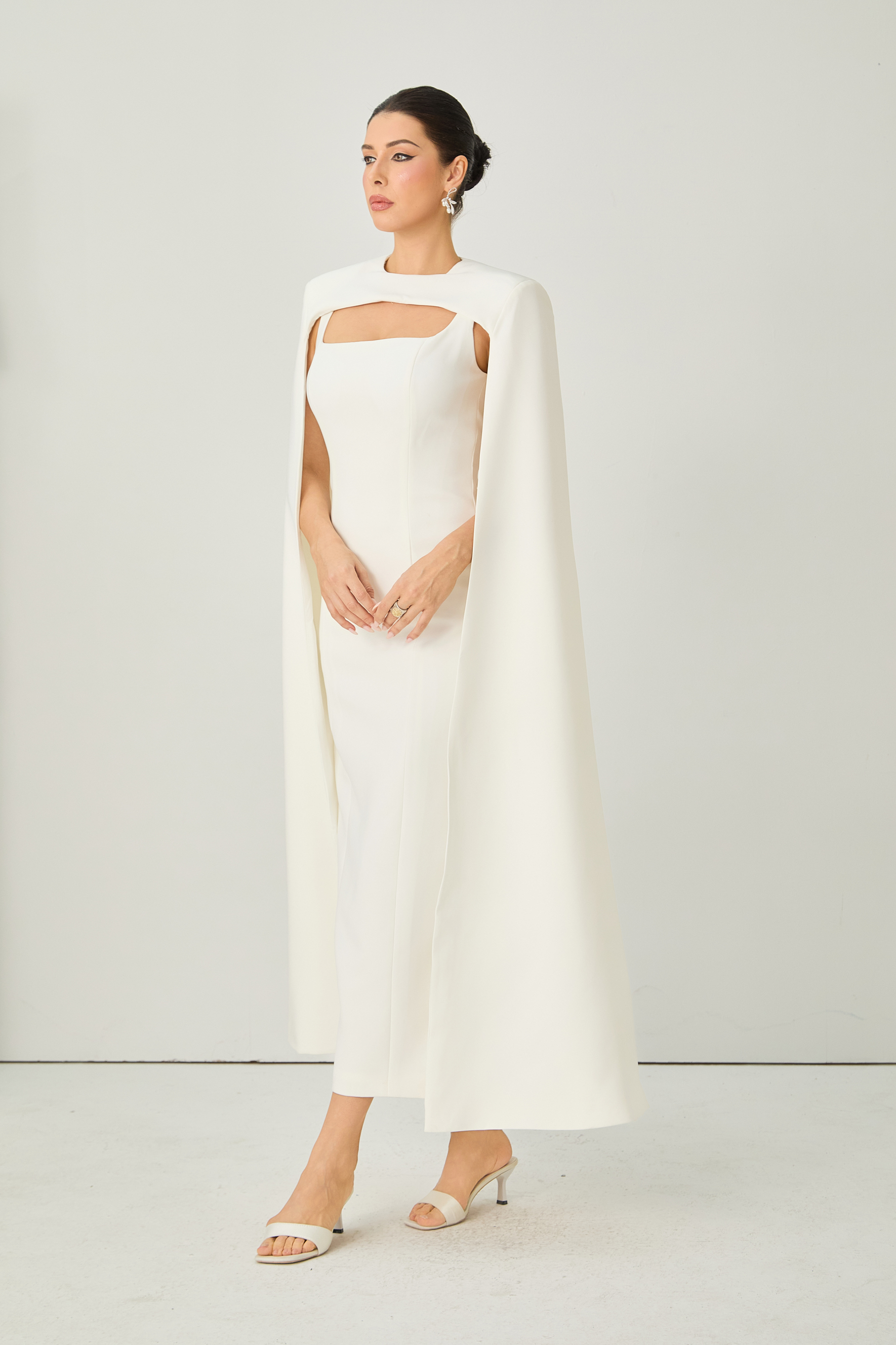 Iconic Edge White Cape Overlay Square Neck Maxi Dress