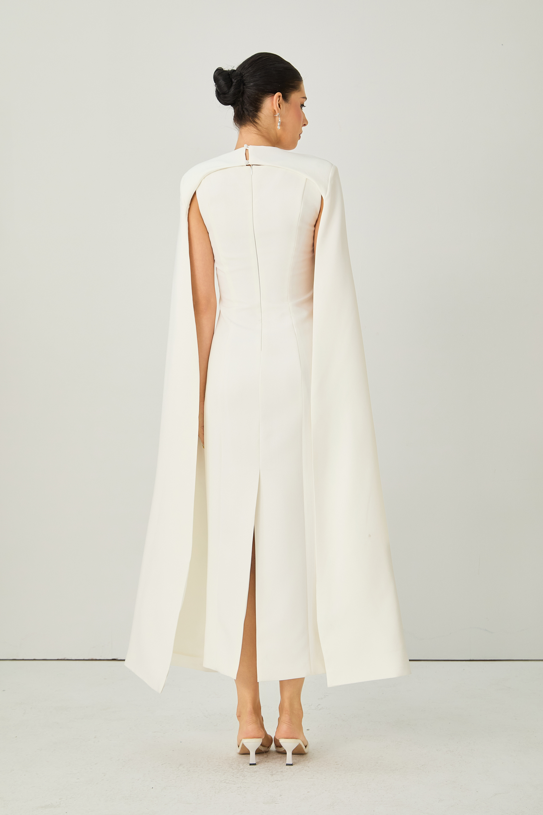 Iconic Edge White Cape Overlay Square Neck Maxi Dress