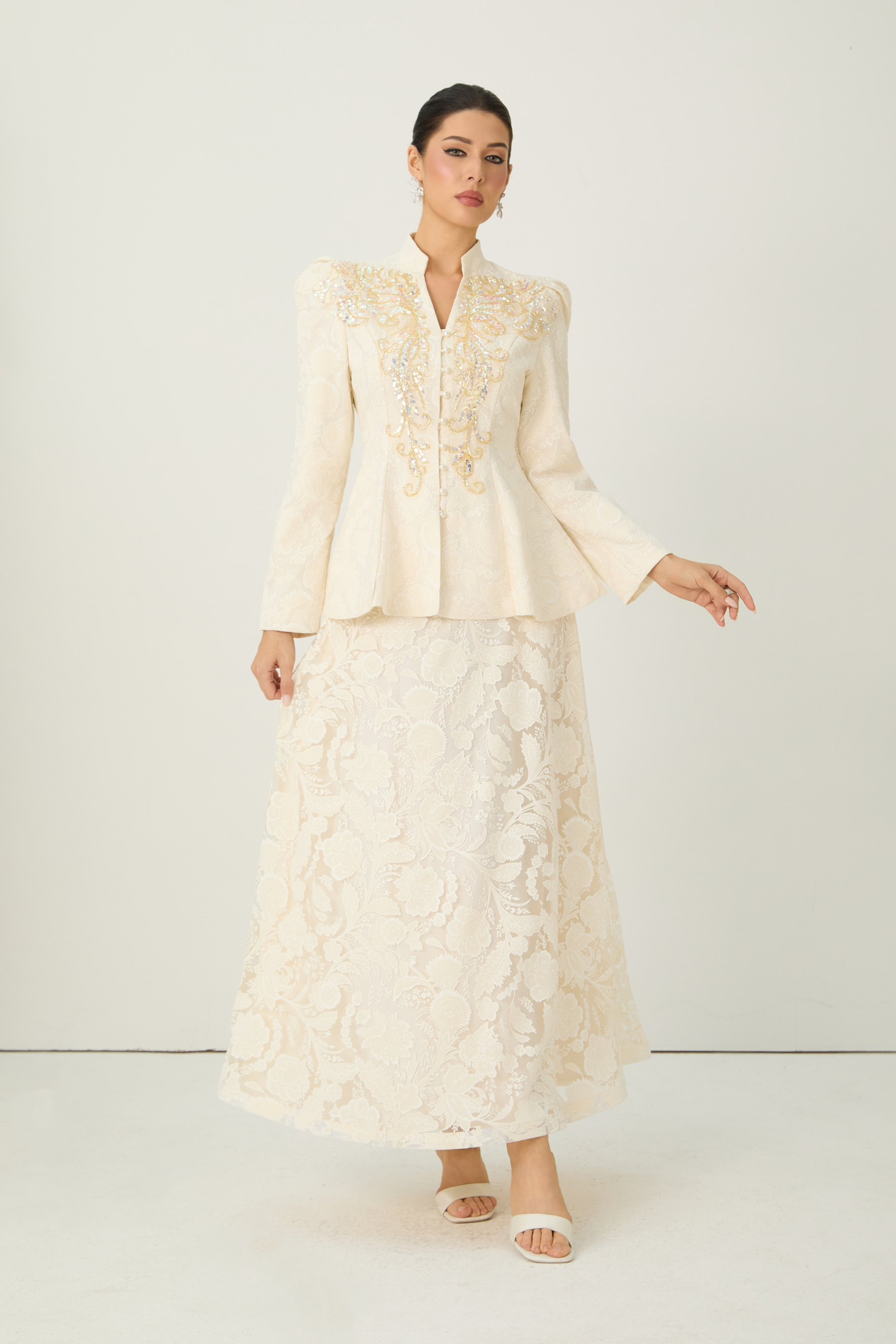 Tickets To Paradise Beige Floral Embellished Jacket & Skirt Set