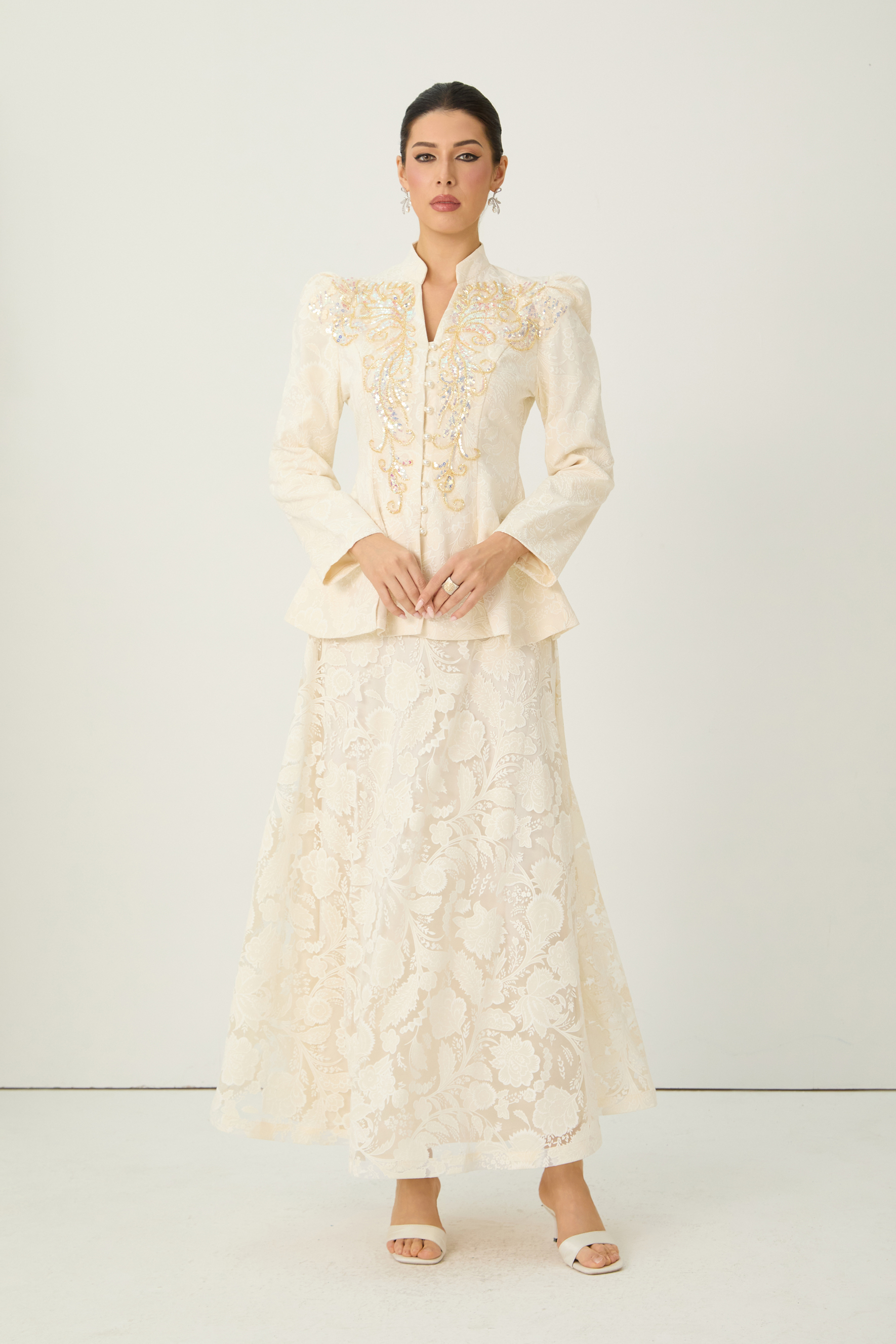 Tickets To Paradise Beige Floral Embellished Jacket & Skirt Set