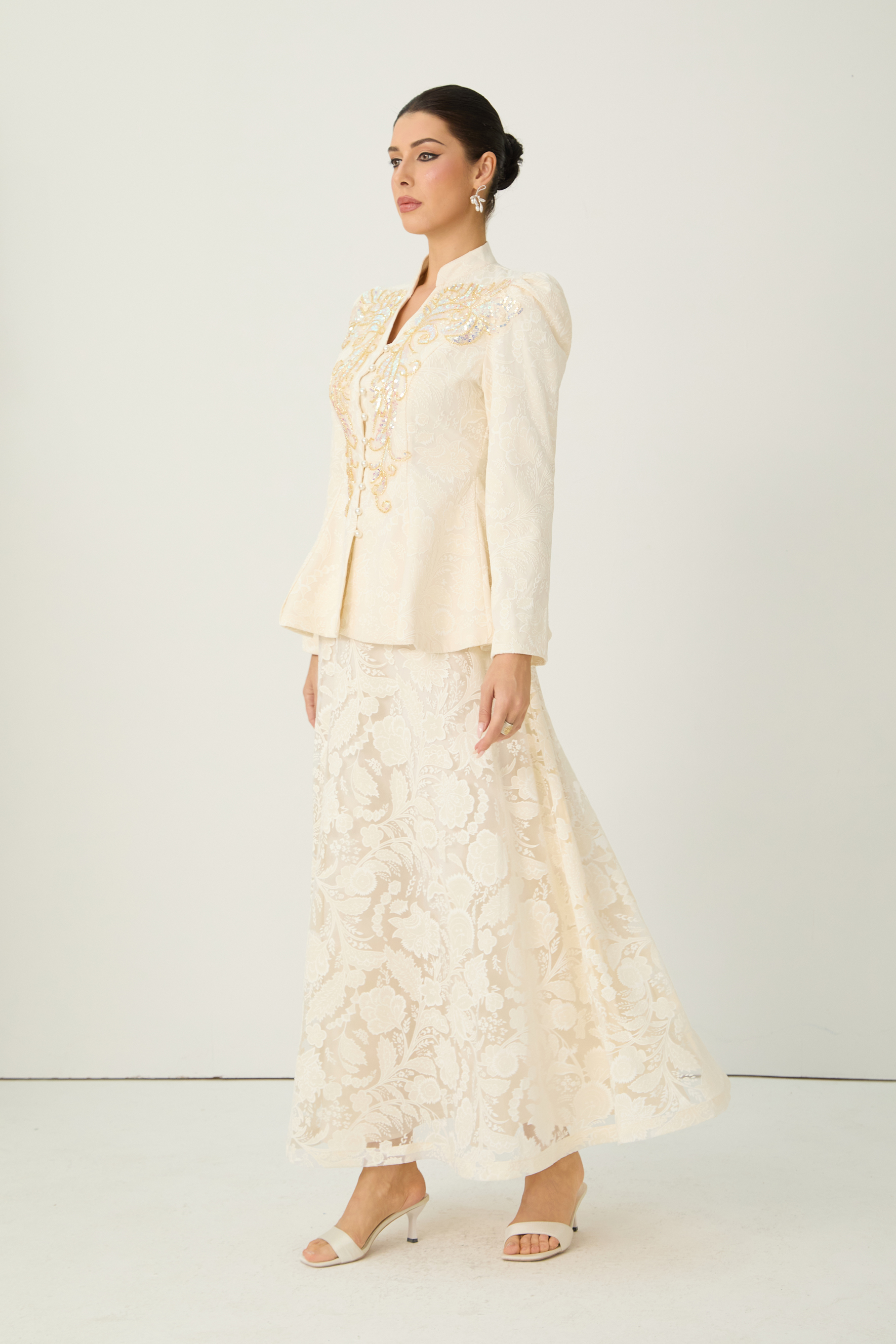 Tickets To Paradise Beige Floral Embellished Jacket & Skirt Set