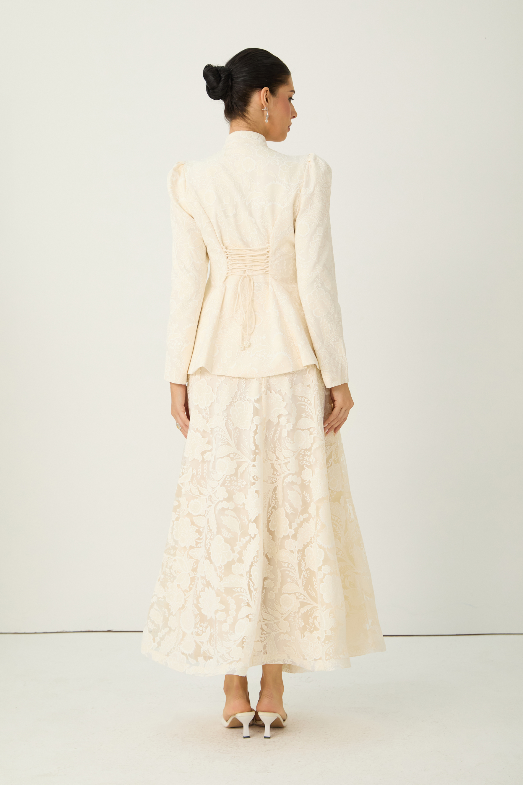 Tickets To Paradise Beige Floral Embellished Jacket & Skirt Set