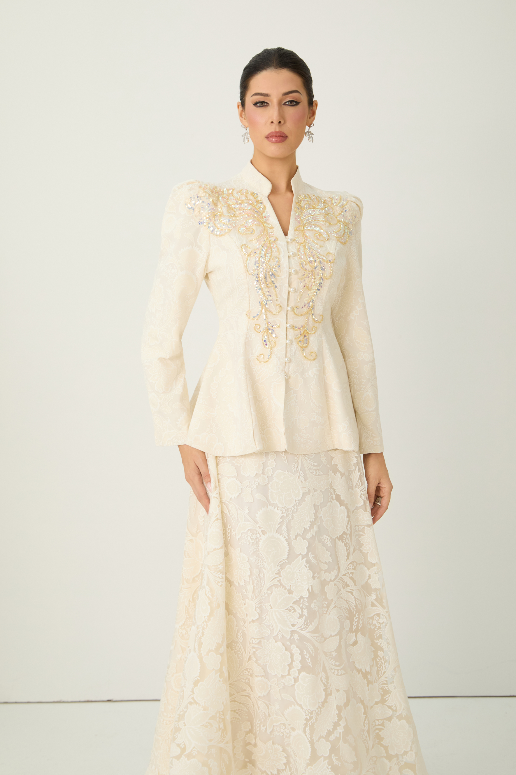 Tickets To Paradise Beige Floral Embellished Jacket & Skirt Set