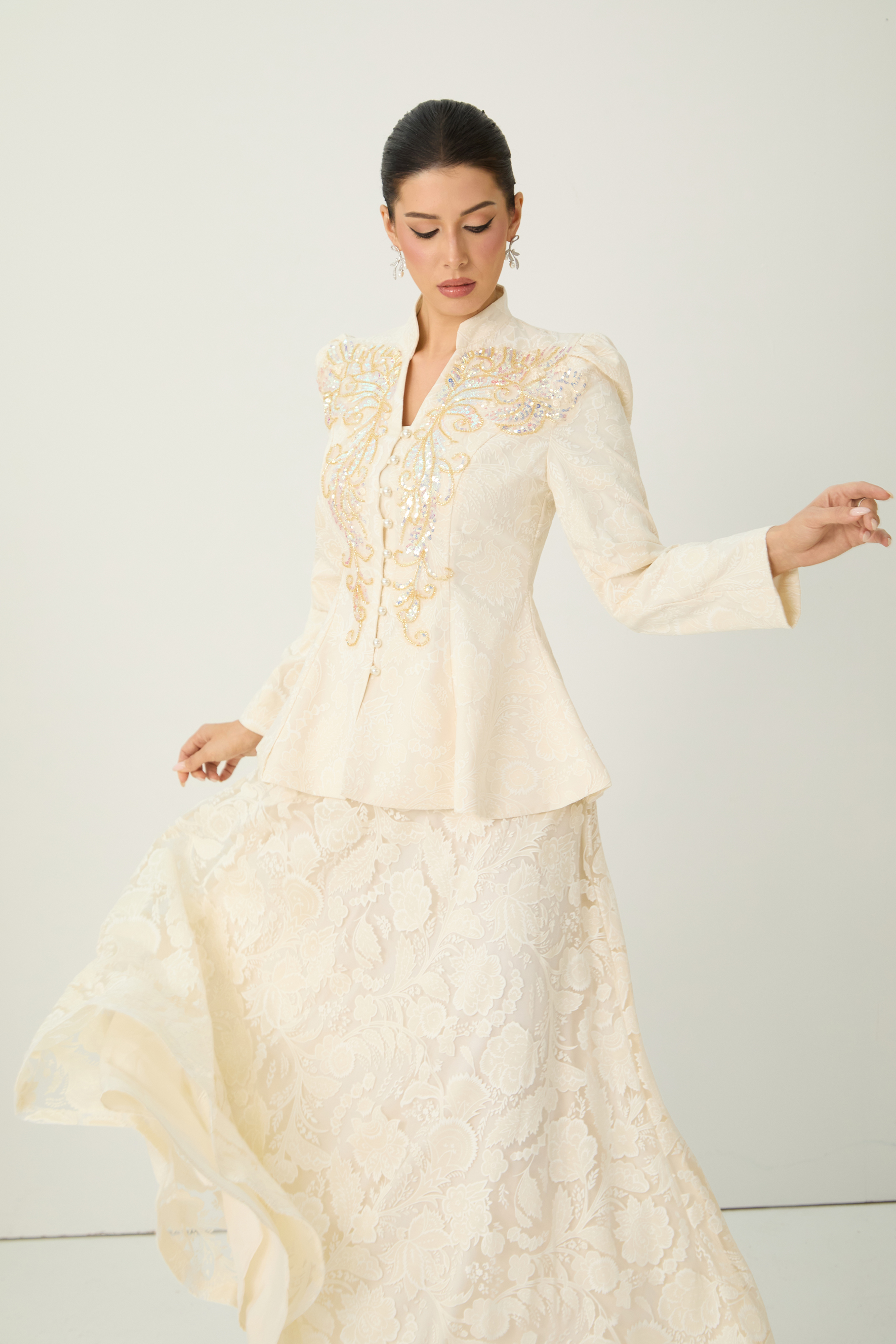 Tickets To Paradise Beige Floral Embellished Jacket & Skirt Set