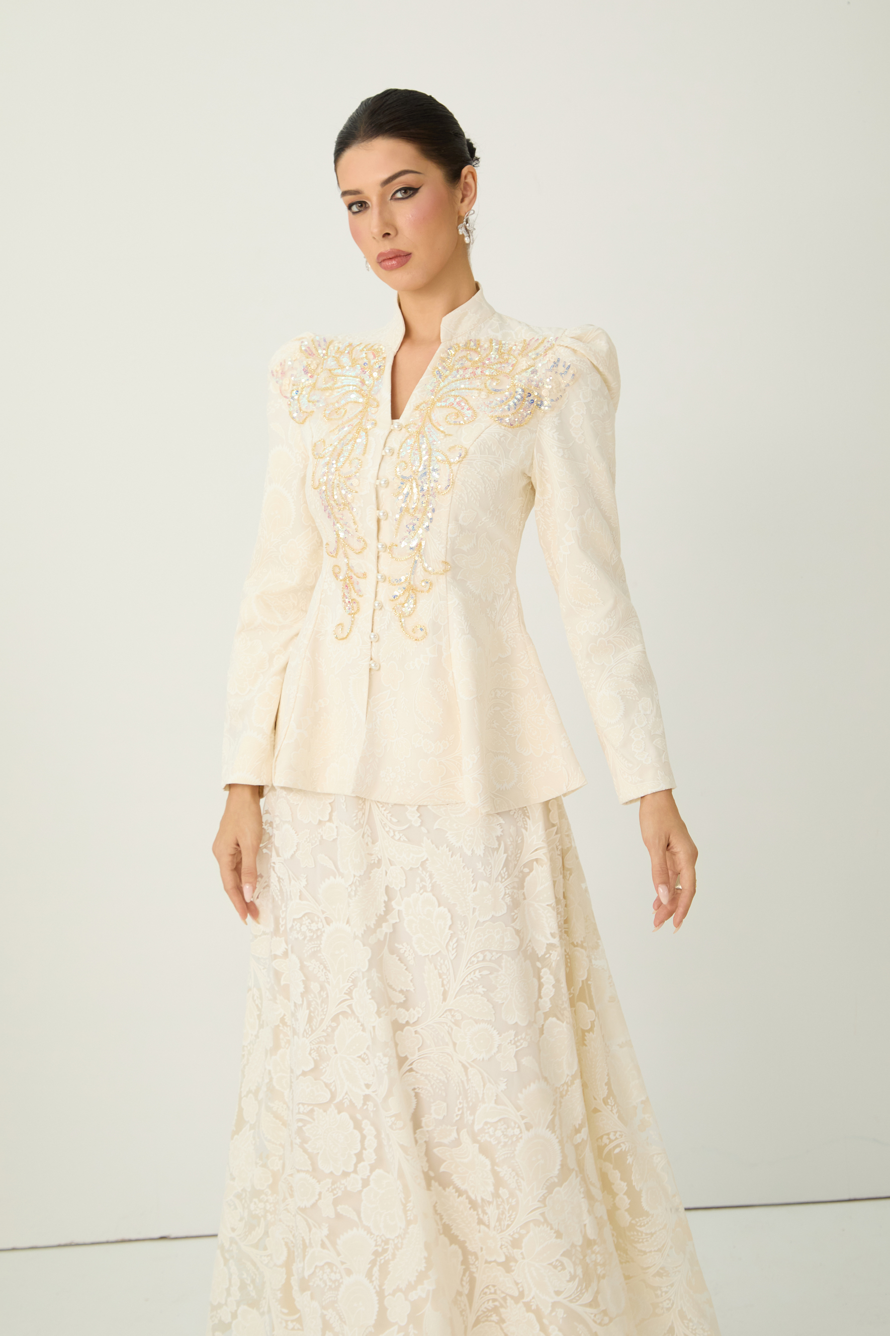 Tickets To Paradise Beige Floral Embellished Jacket & Skirt Set