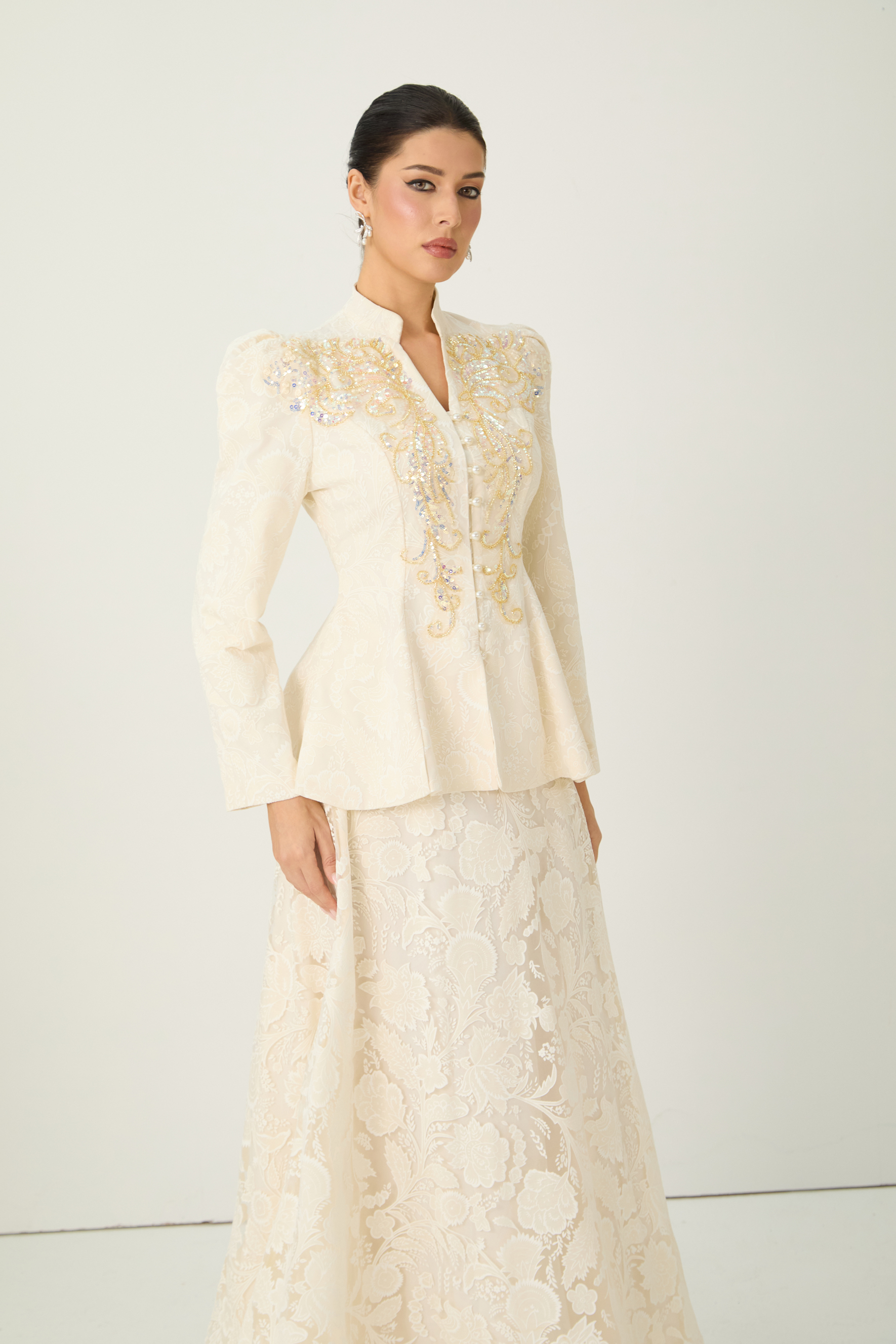 Tickets To Paradise Beige Floral Embellished Jacket & Skirt Set