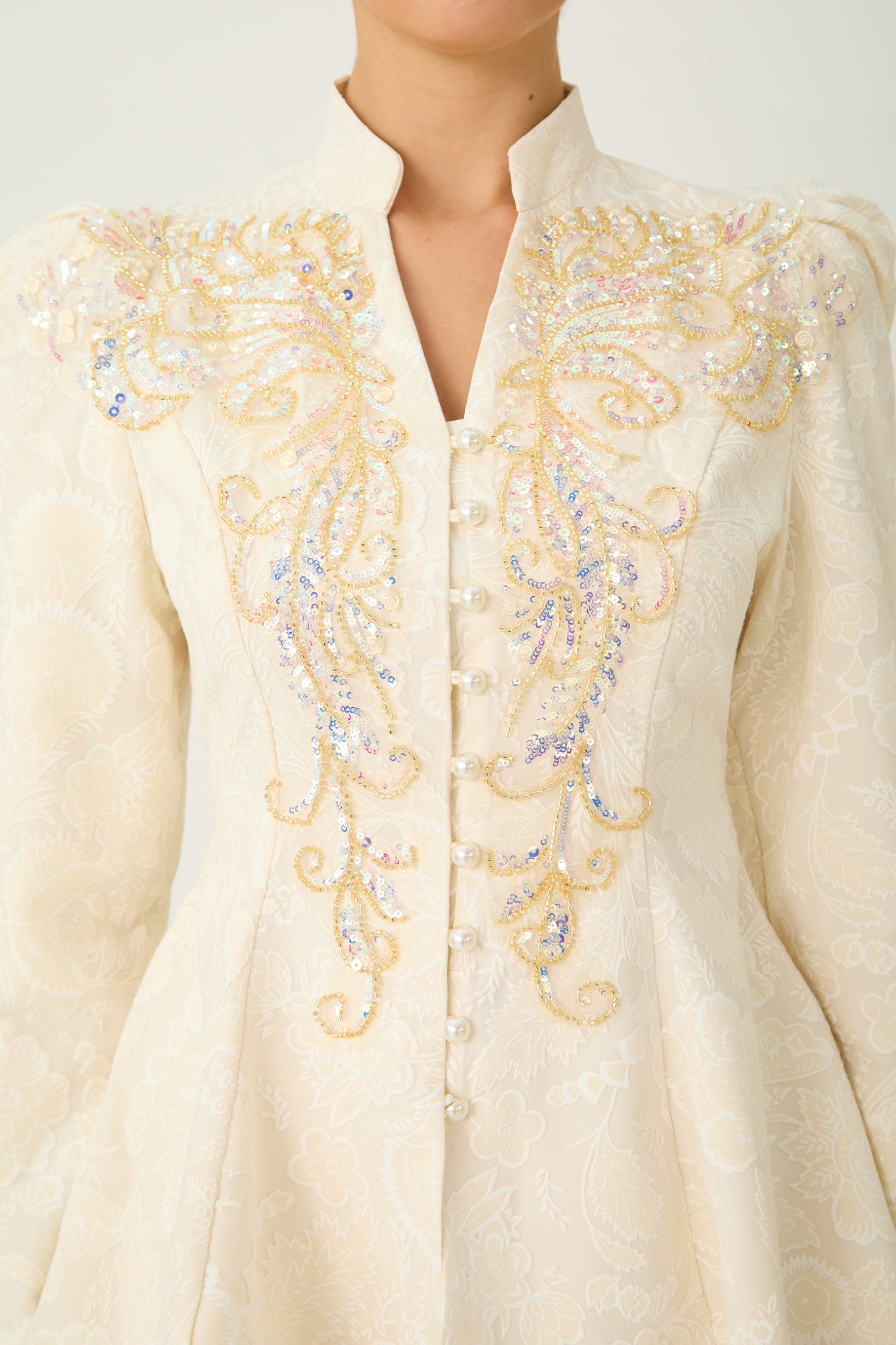 Tickets To Paradise Beige Floral Embellished Jacket & Skirt Set