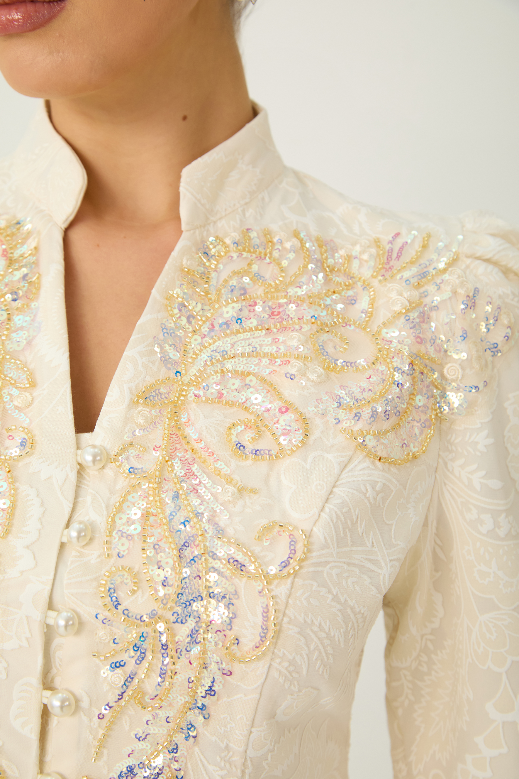 Tickets To Paradise Beige Floral Embellished Jacket & Skirt Set