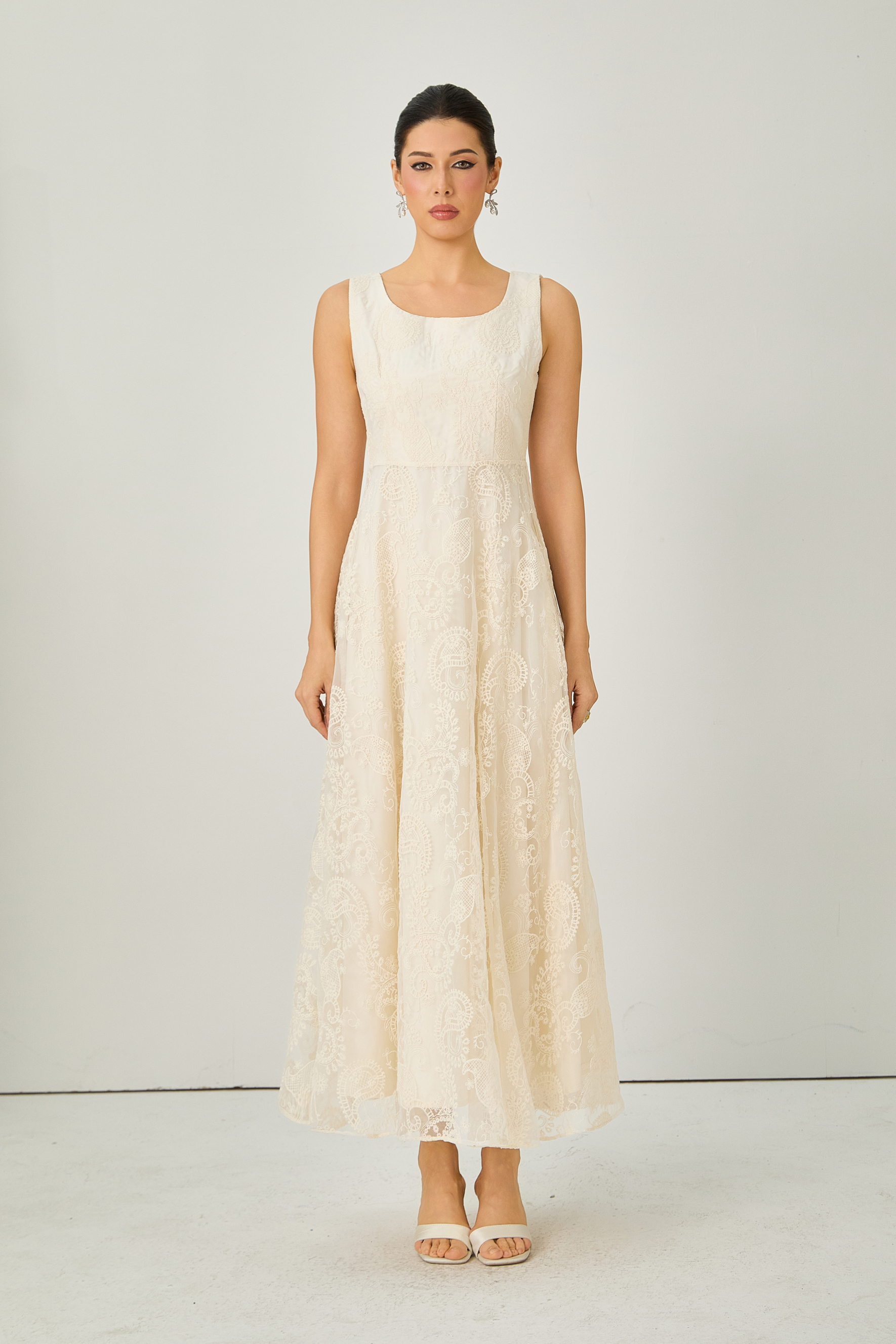 Perfectly Captivating Beige Paisley Embroidery Jacket & Dress Set