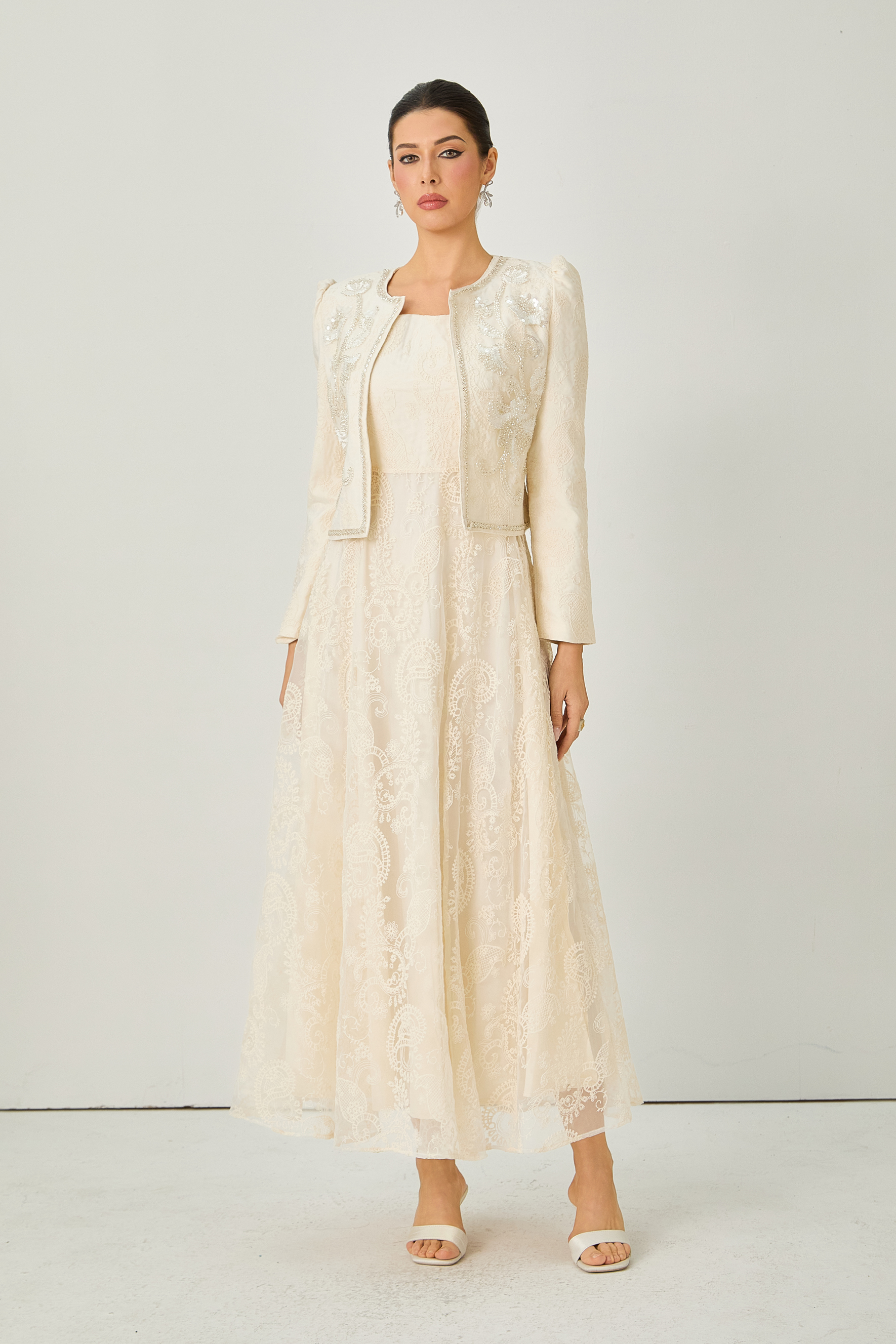 Perfectly Captivating Beige Paisley Embroidery Jacket & Dress Set