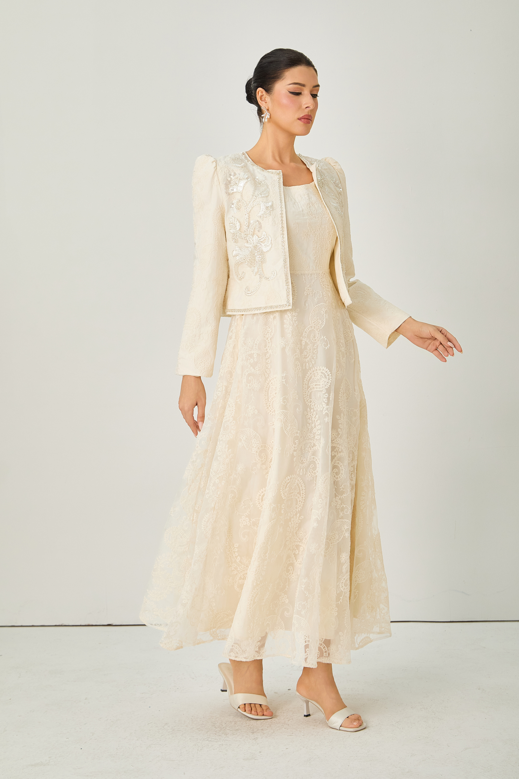 Perfectly Captivating Beige Paisley Embroidery Jacket & Dress Set