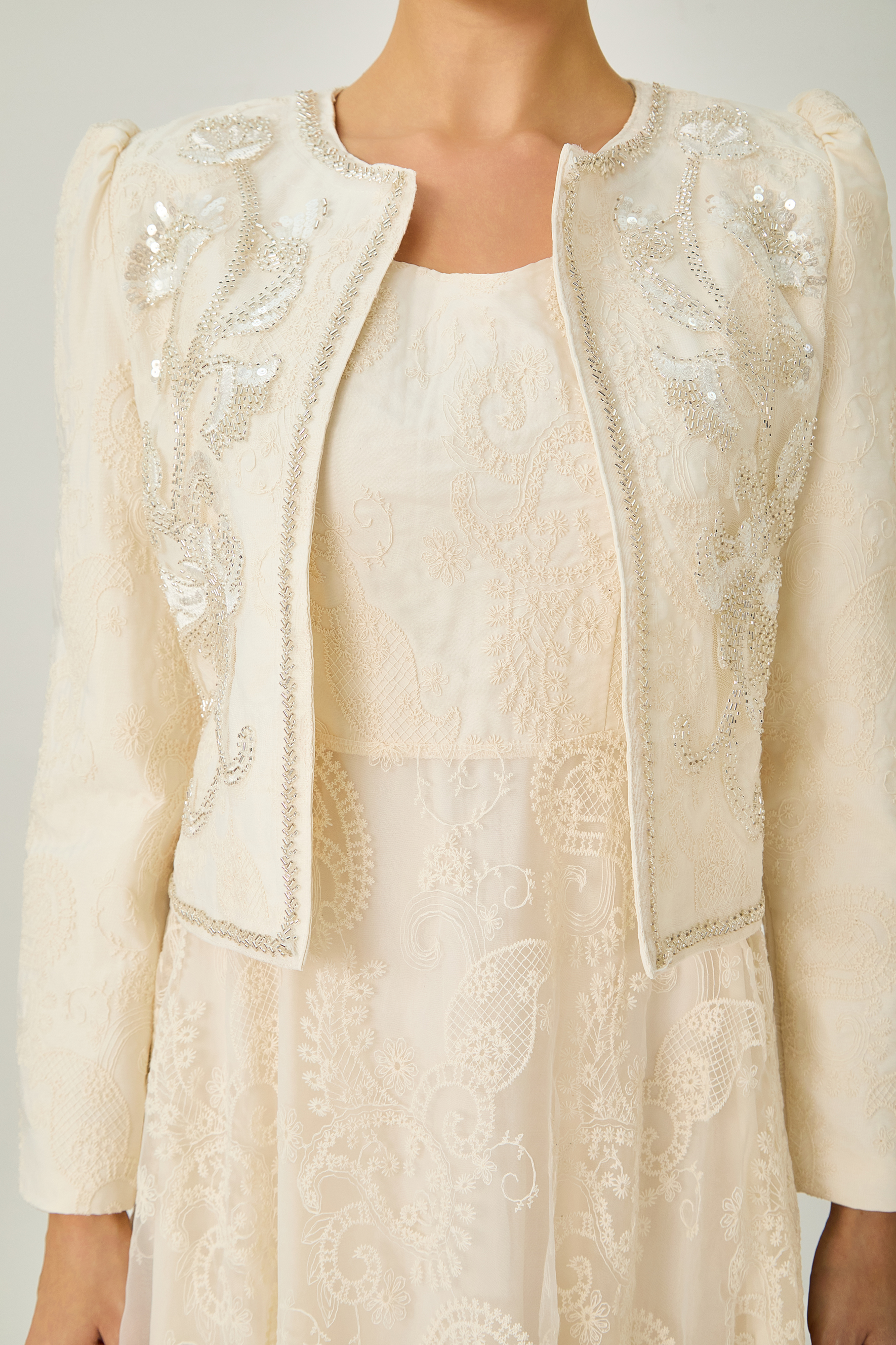 Perfectly Captivating Beige Paisley Embroidery Jacket & Dress Set