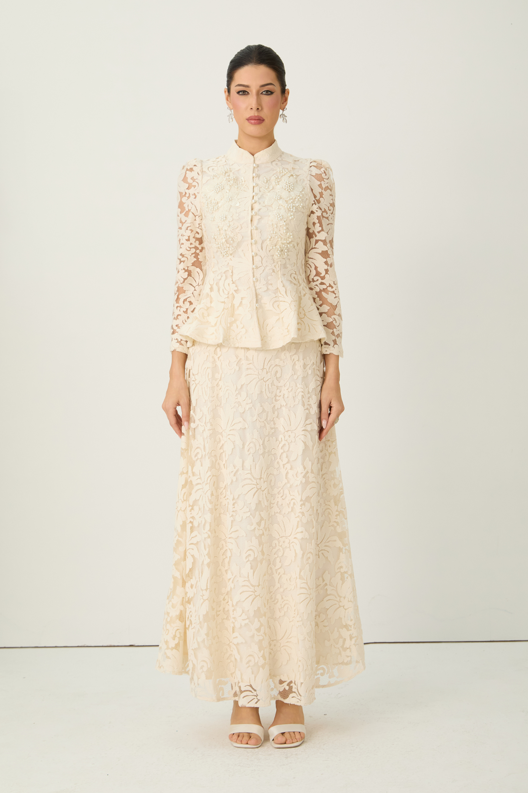 Keep It Interesting Beige Sheer Sleeve Floral Lace Top & Skirt Set