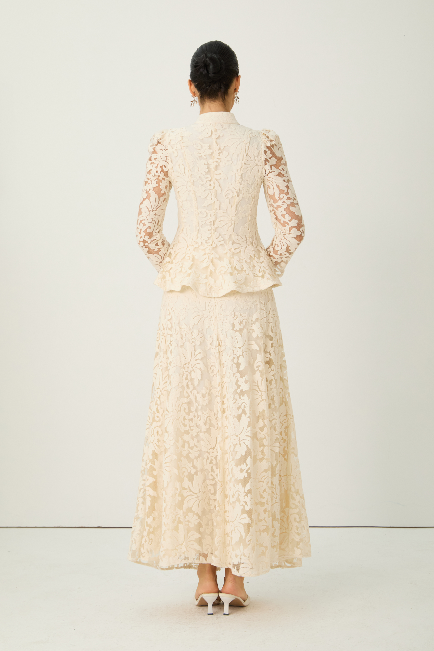 Keep It Interesting Beige Sheer Sleeve Floral Lace Top & Skirt Set