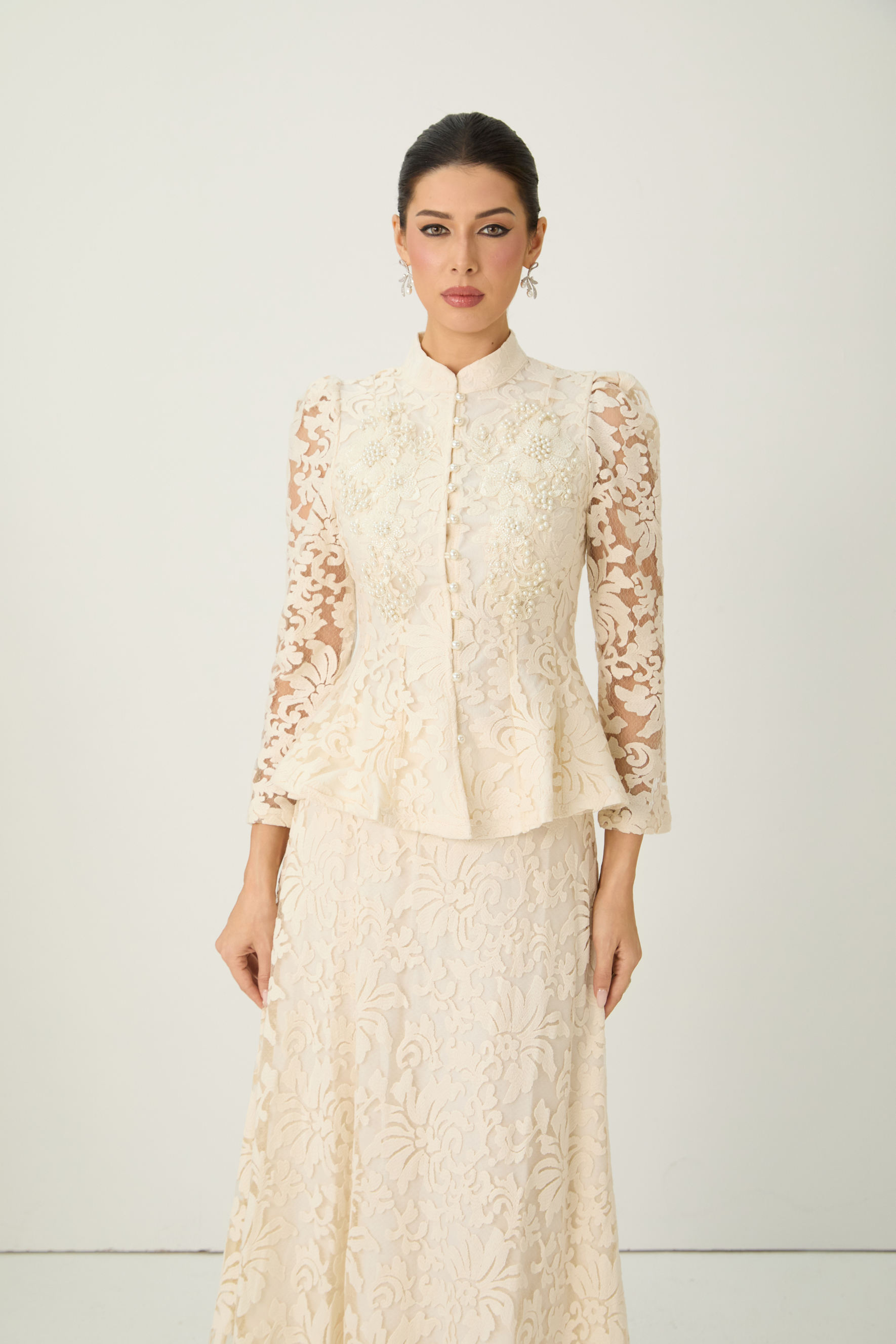 Keep It Interesting Beige Sheer Sleeve Floral Lace Top & Skirt Set
