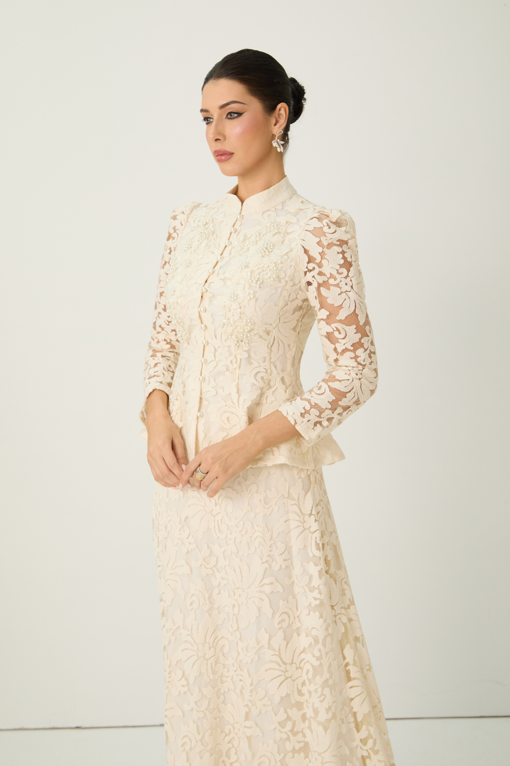 Keep It Interesting Beige Sheer Sleeve Floral Lace Top & Skirt Set