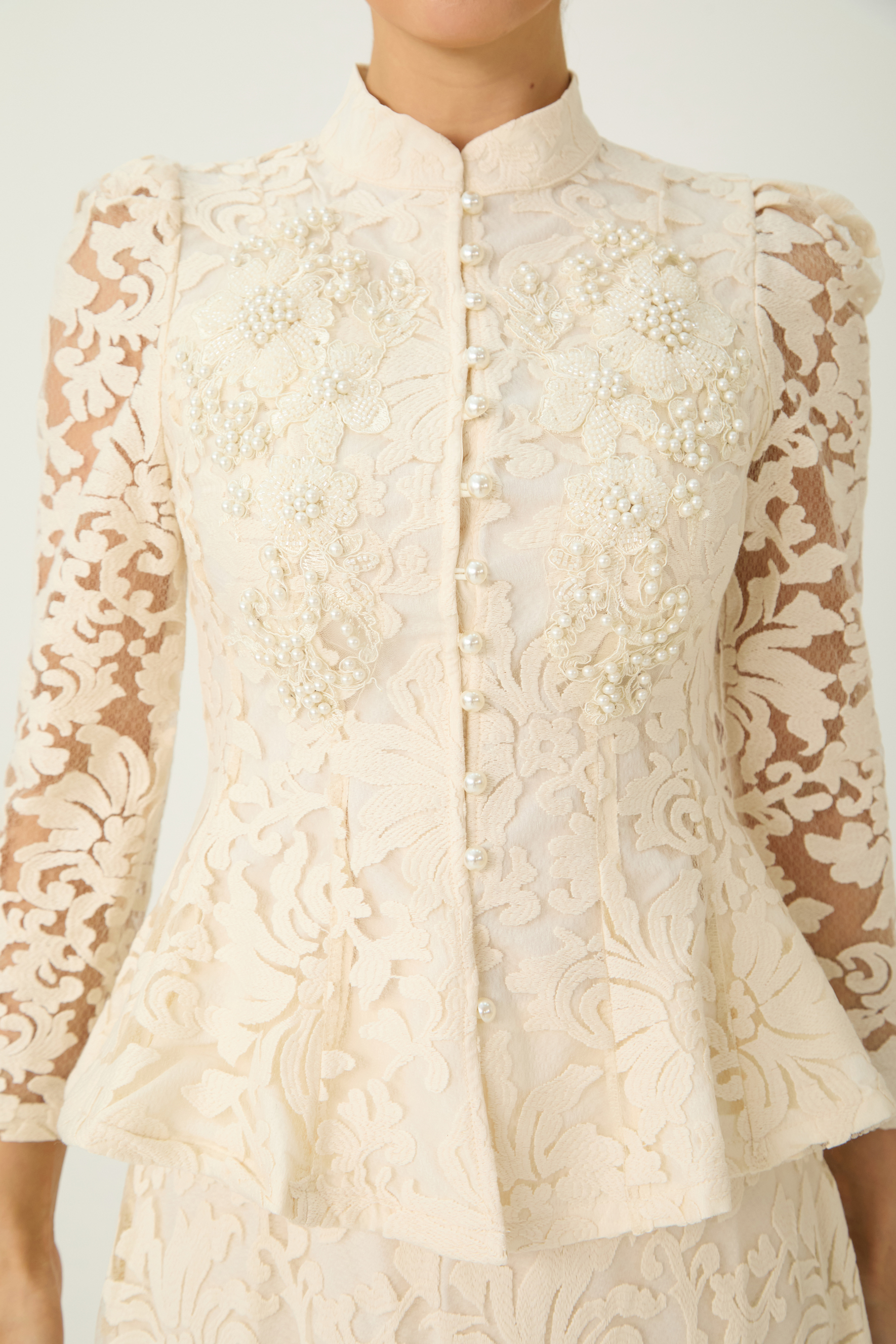 Keep It Interesting Beige Sheer Sleeve Floral Lace Top & Skirt Set